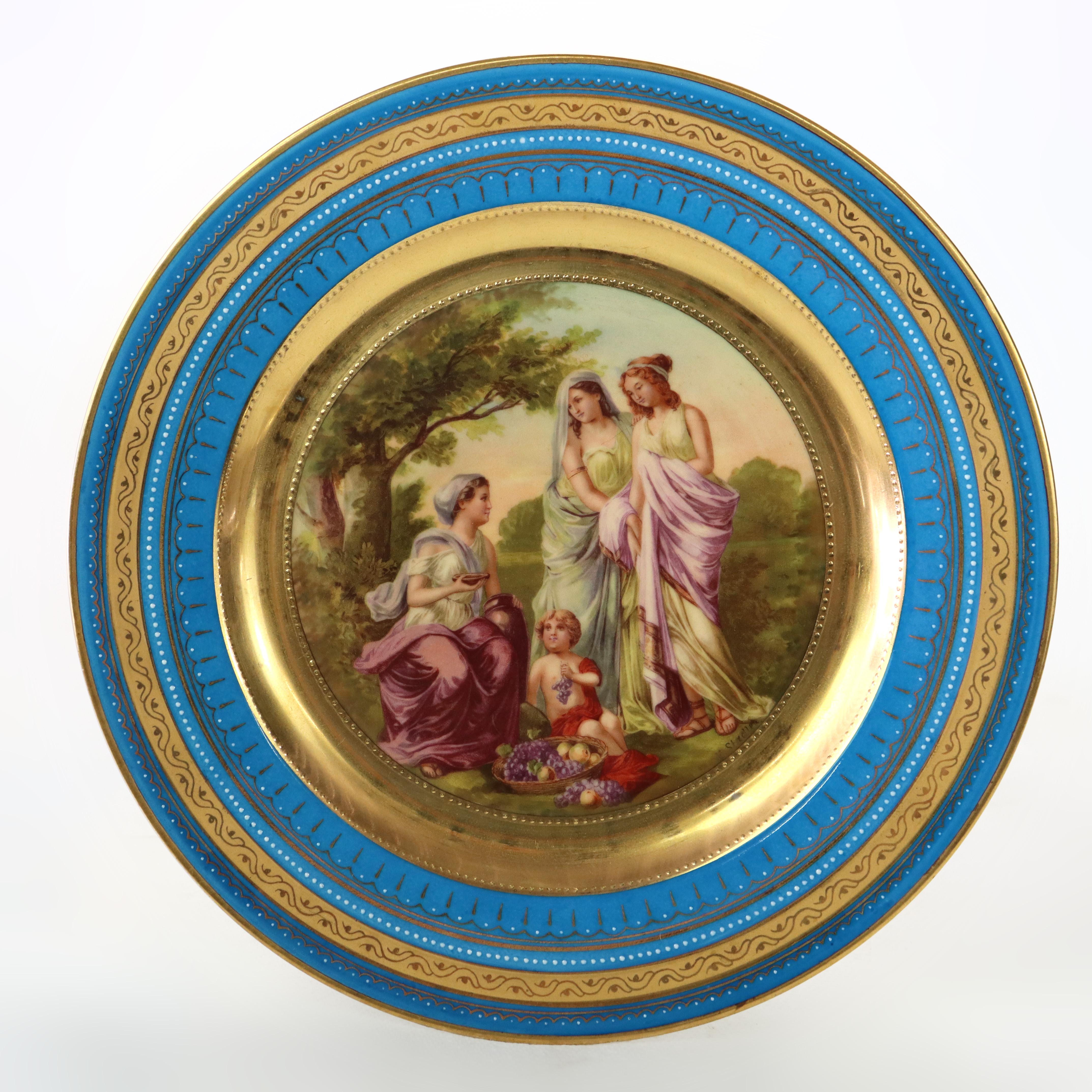20ième siècle Dix assiettes anciennes en porcelaine Royal Vienna Porcelain avec scènes classiques C1920 en vente