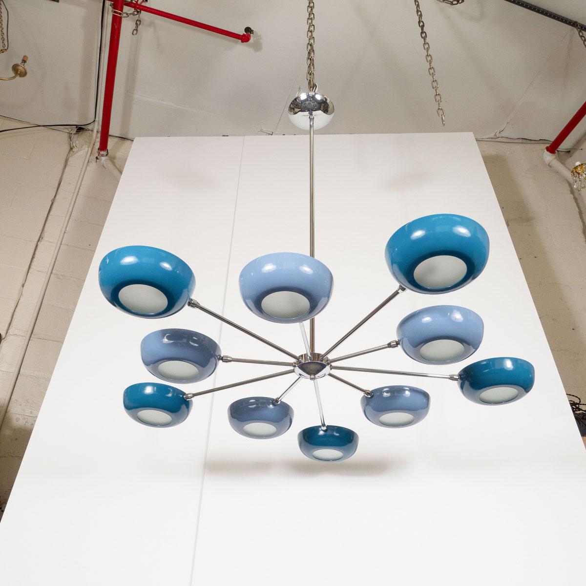 Ten-arm Starburst Chandelier with Blue Shades In New Condition For Sale In Tarrytown, NY