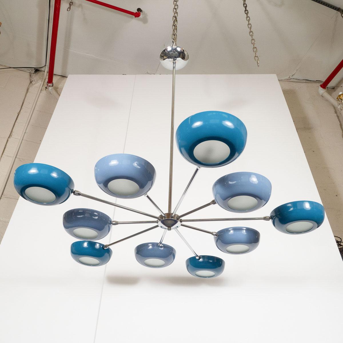 Contemporary Ten-arm Starburst Chandelier with Blue Shades For Sale