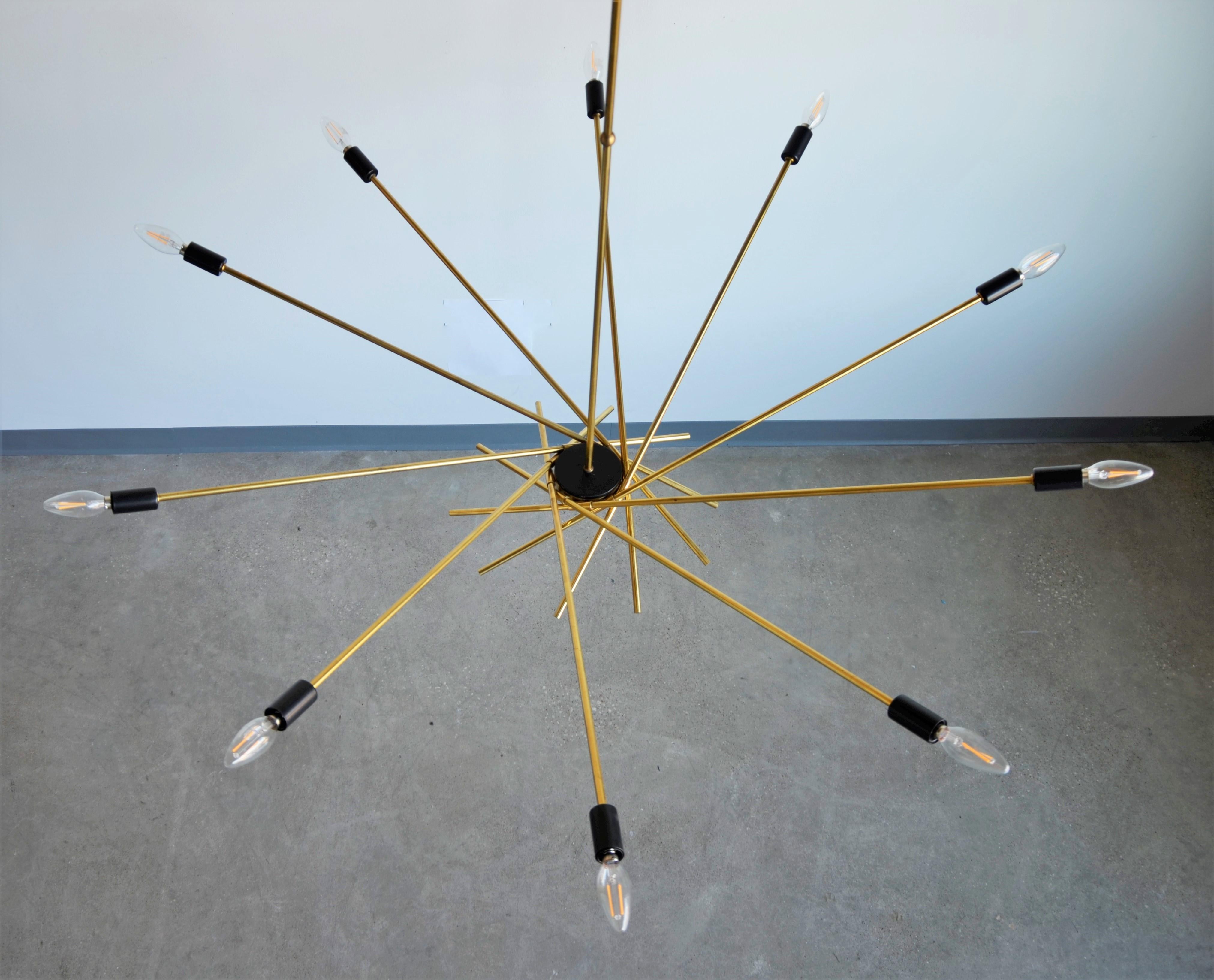 Ten-Arm / Torchiere Brass & Black Accents Stilnovo Attributed Sputnik Chandelier 10