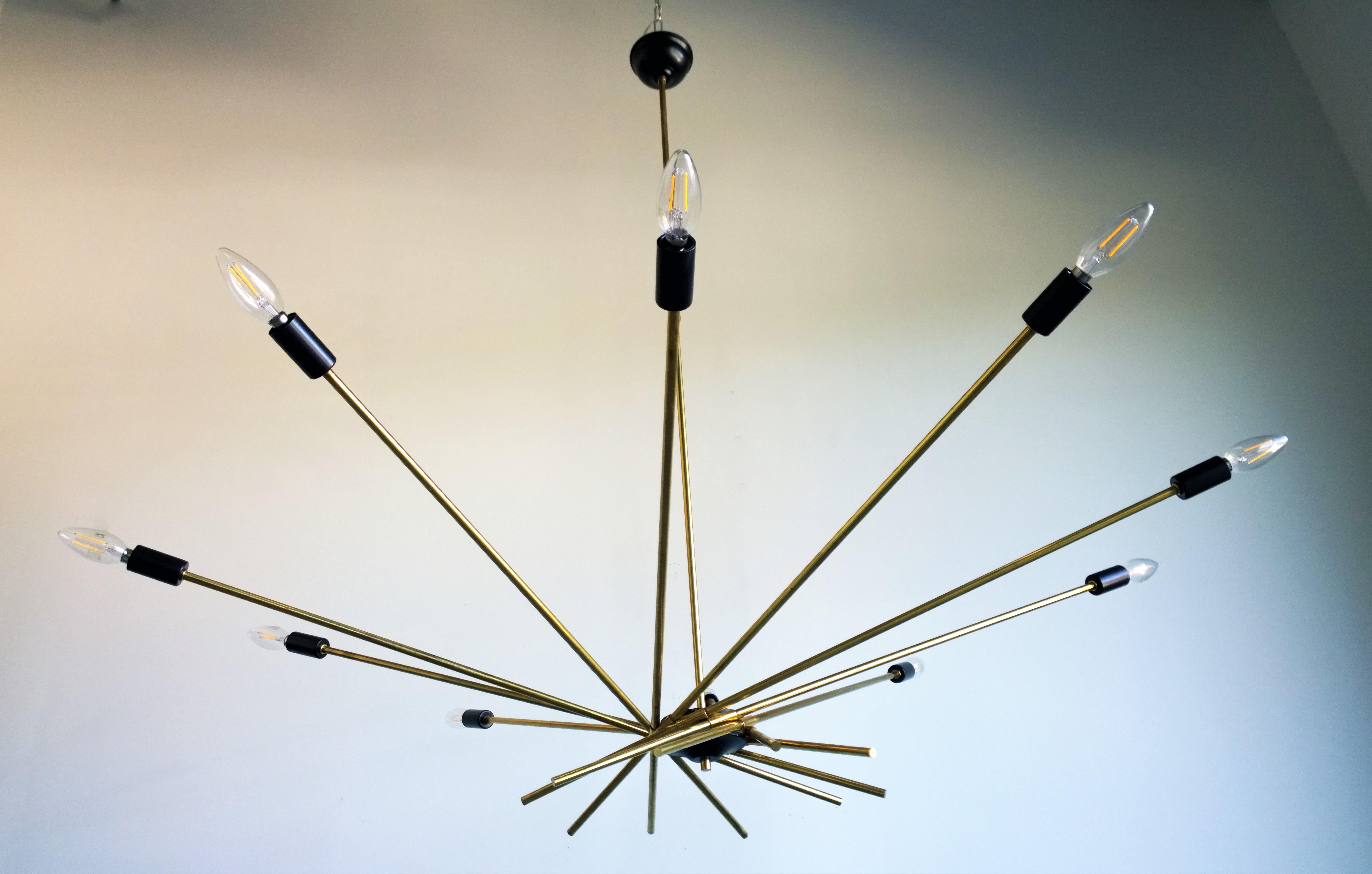 Mid-Century Modern Ten-Arm / Torchiere Brass & Black Accents Stilnovo Attributed Sputnik Chandelier