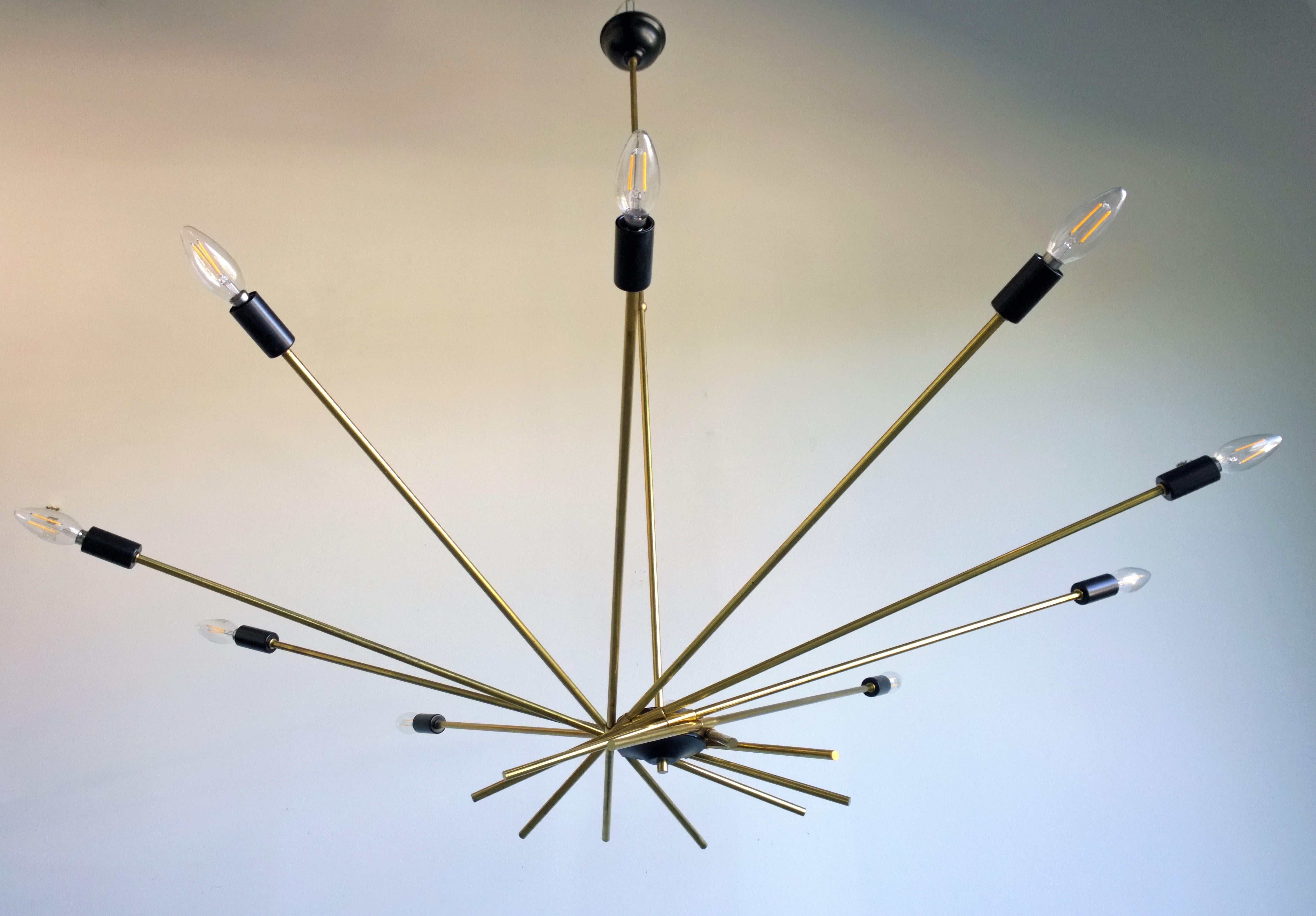 Italian Ten-Arm / Torchiere Brass & Black Accents Stilnovo Attributed Sputnik Chandelier
