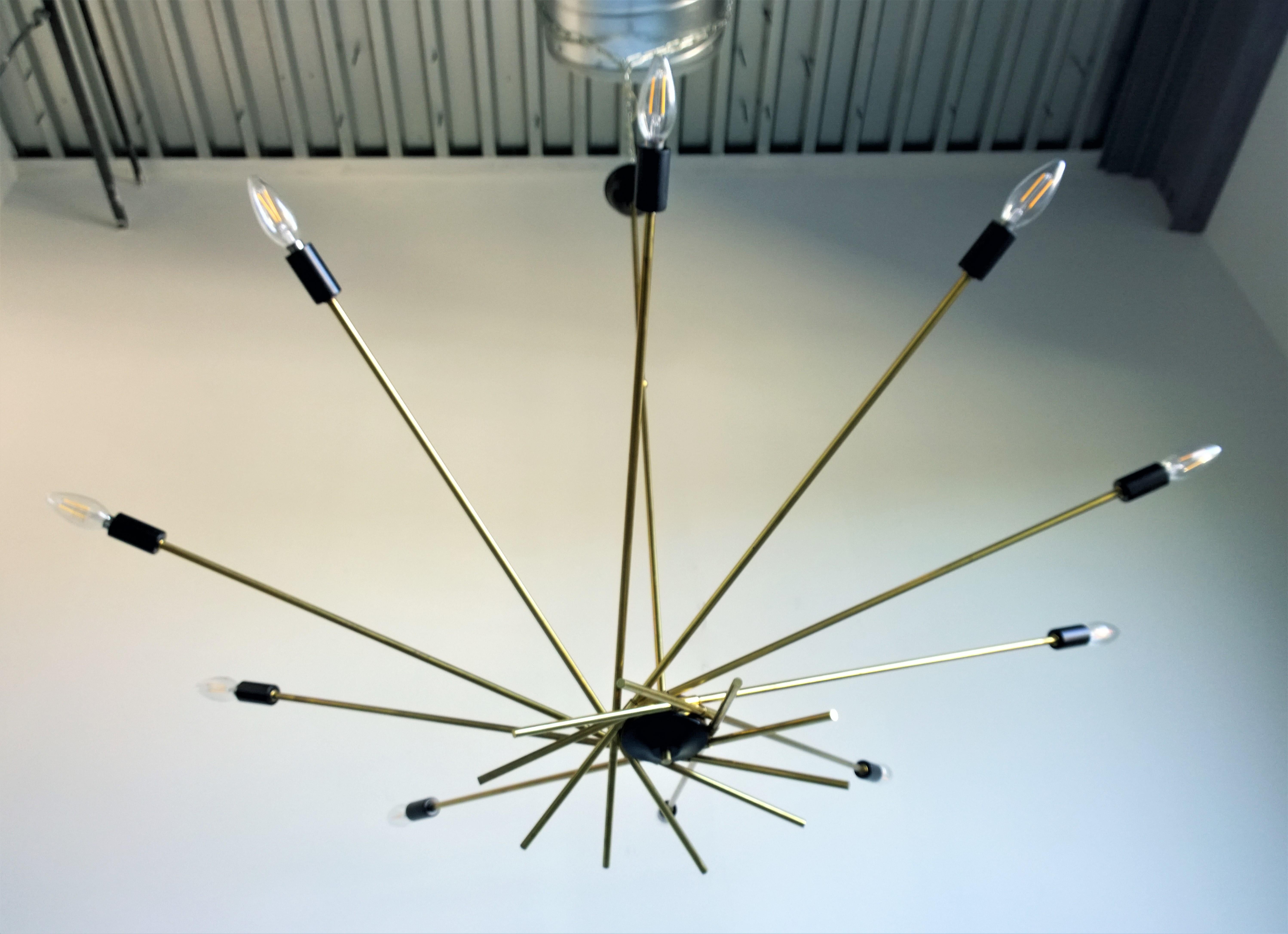 Enameled Ten-Arm / Torchiere Brass & Black Accents Stilnovo Attributed Sputnik Chandelier