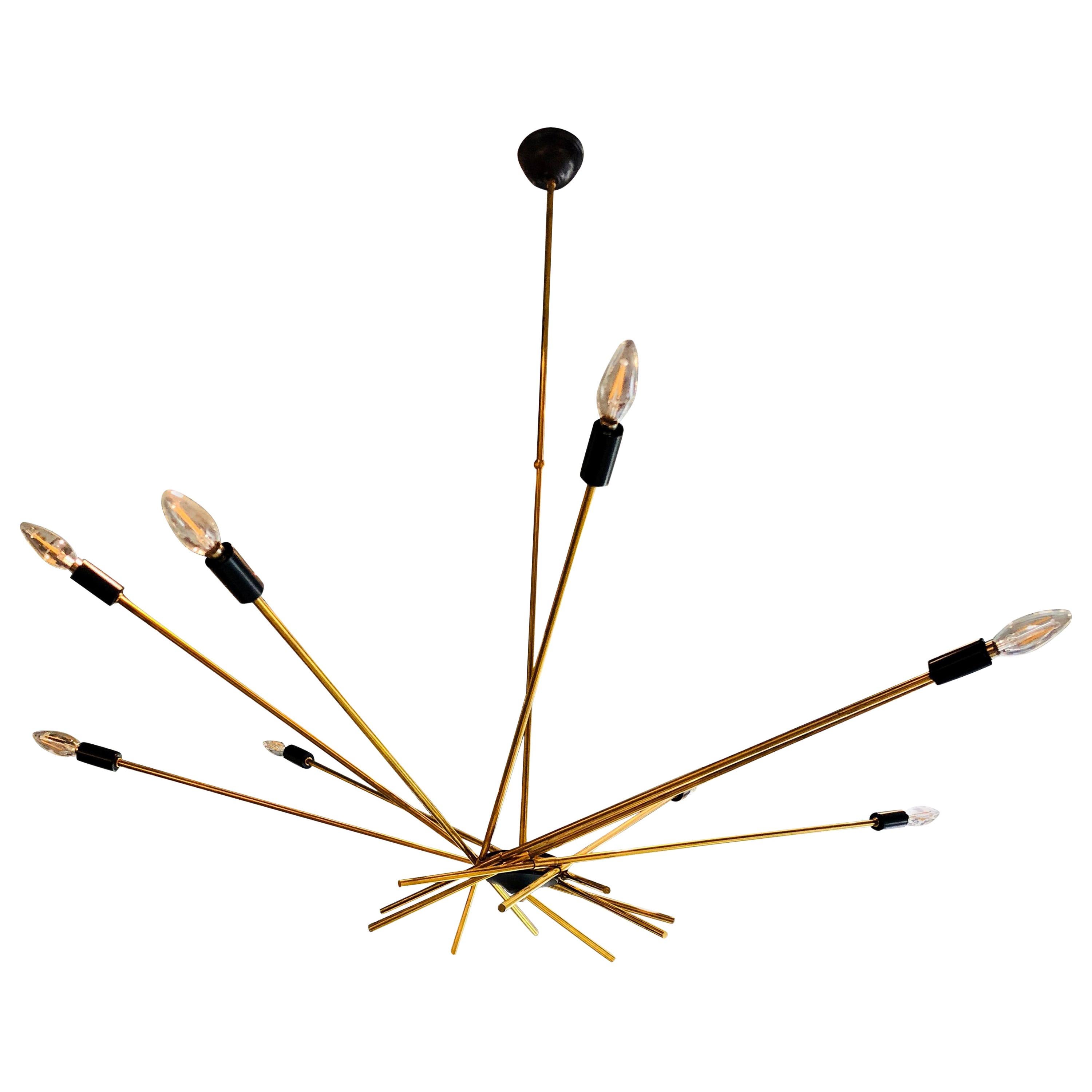 Ten-Arm / Torchiere Brass & Black Accents Stilnovo Attributed Sputnik Chandelier