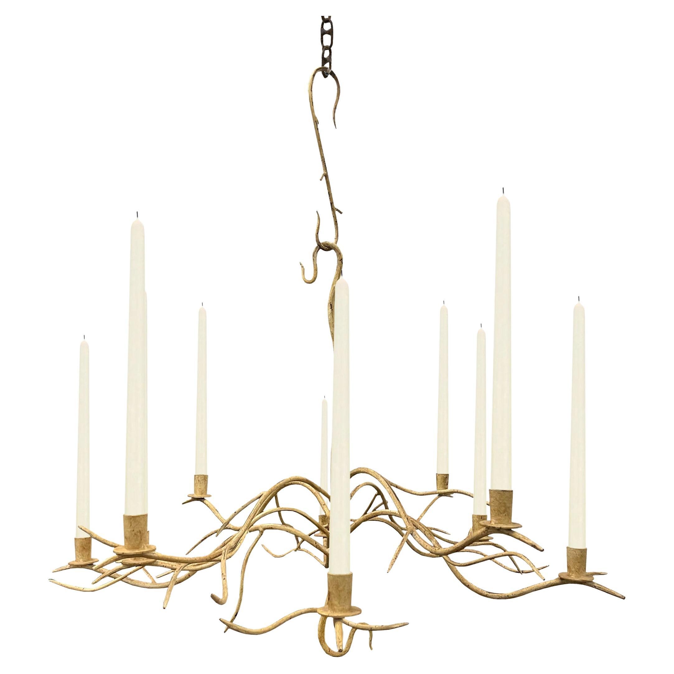 Ten Arm Wrought Iron Tree-Branch Chandelier For Sale