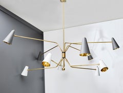 Ten Arms Midcentury Style Chandelier with Grey and White Cones