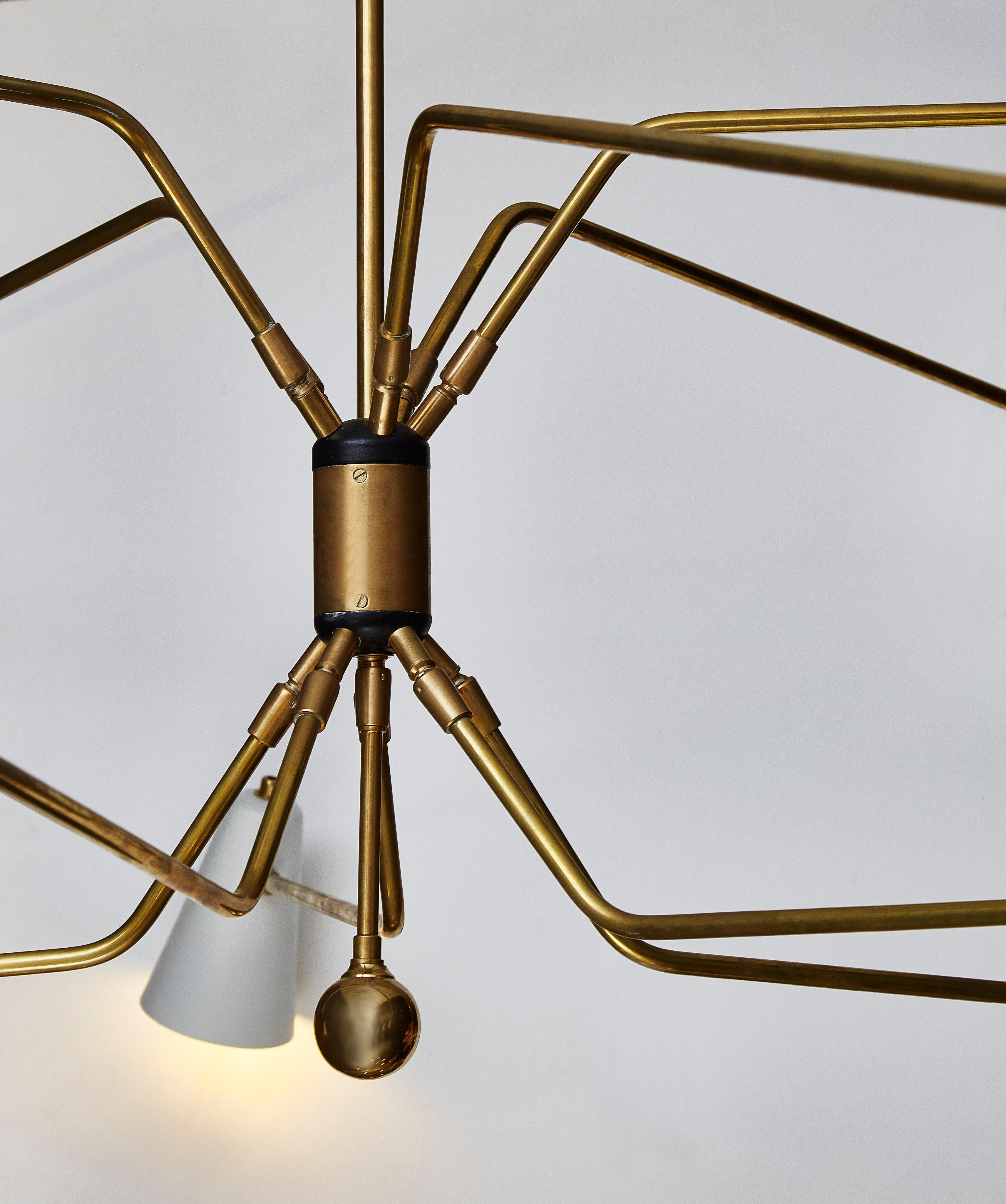 French Ten Arms Midcentury Style Chandelier with Grey and White Cones