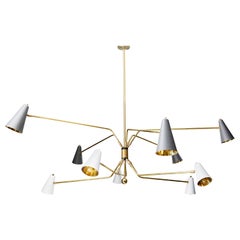 Ten Arms Midcentury Style Chandelier with Grey and White Cones