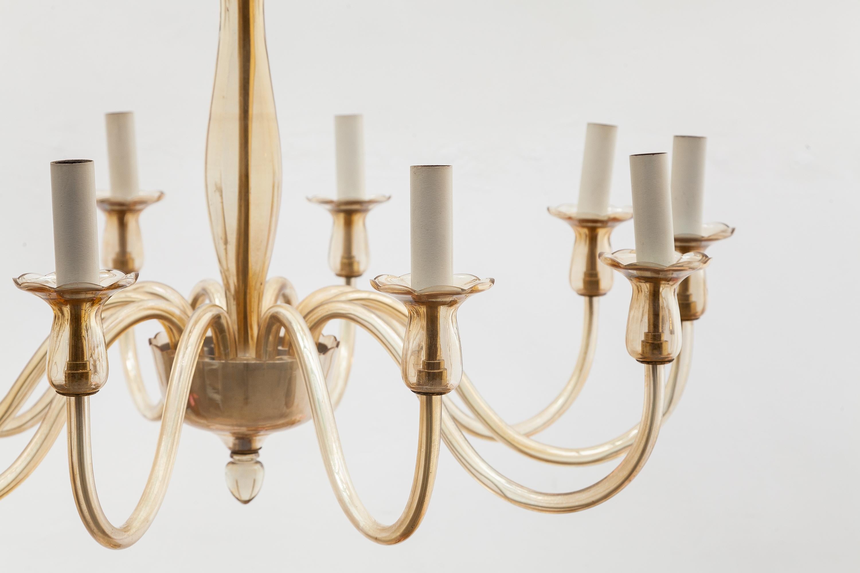 Mid-Century Modern Ten Arms Murano Amber-Colored Glass Chandelier, 1950s, Italy