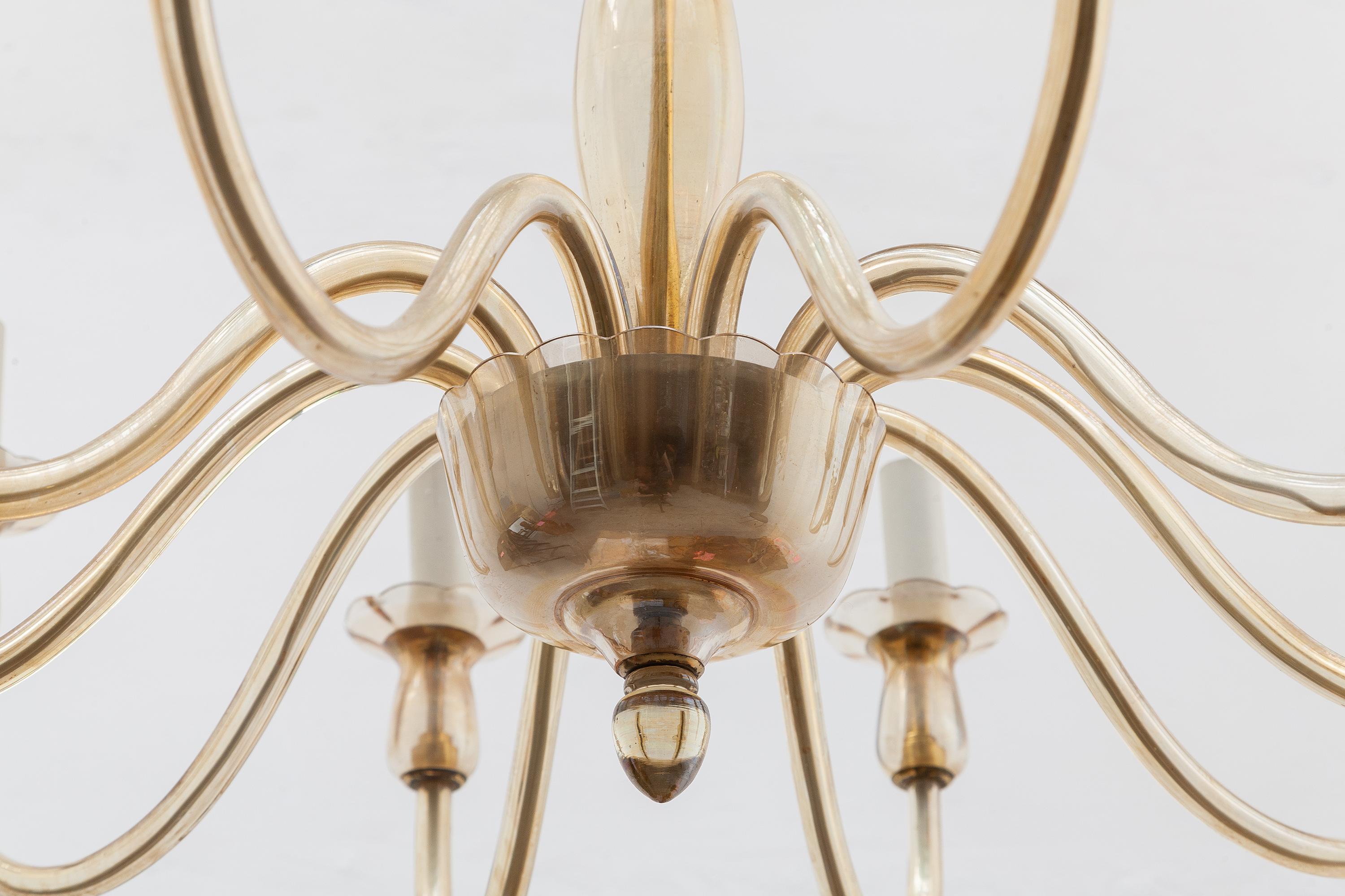 Hand-Crafted Ten Arms Murano Amber-Colored Glass Chandelier, 1950s, Italy