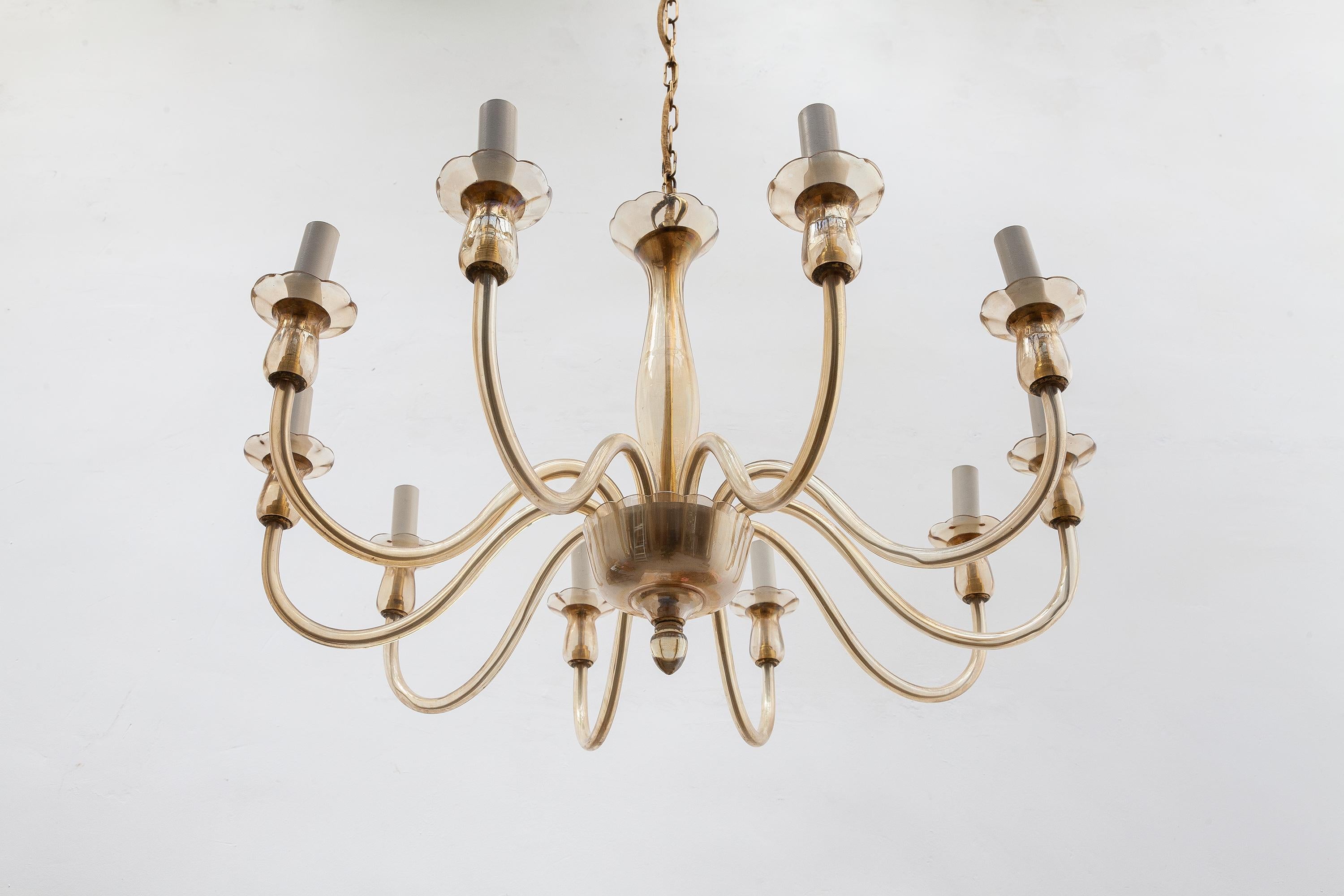 Ten Arms Murano Amber-Colored Glass Chandelier, 1950s, Italy In Good Condition In Antwerp, BE