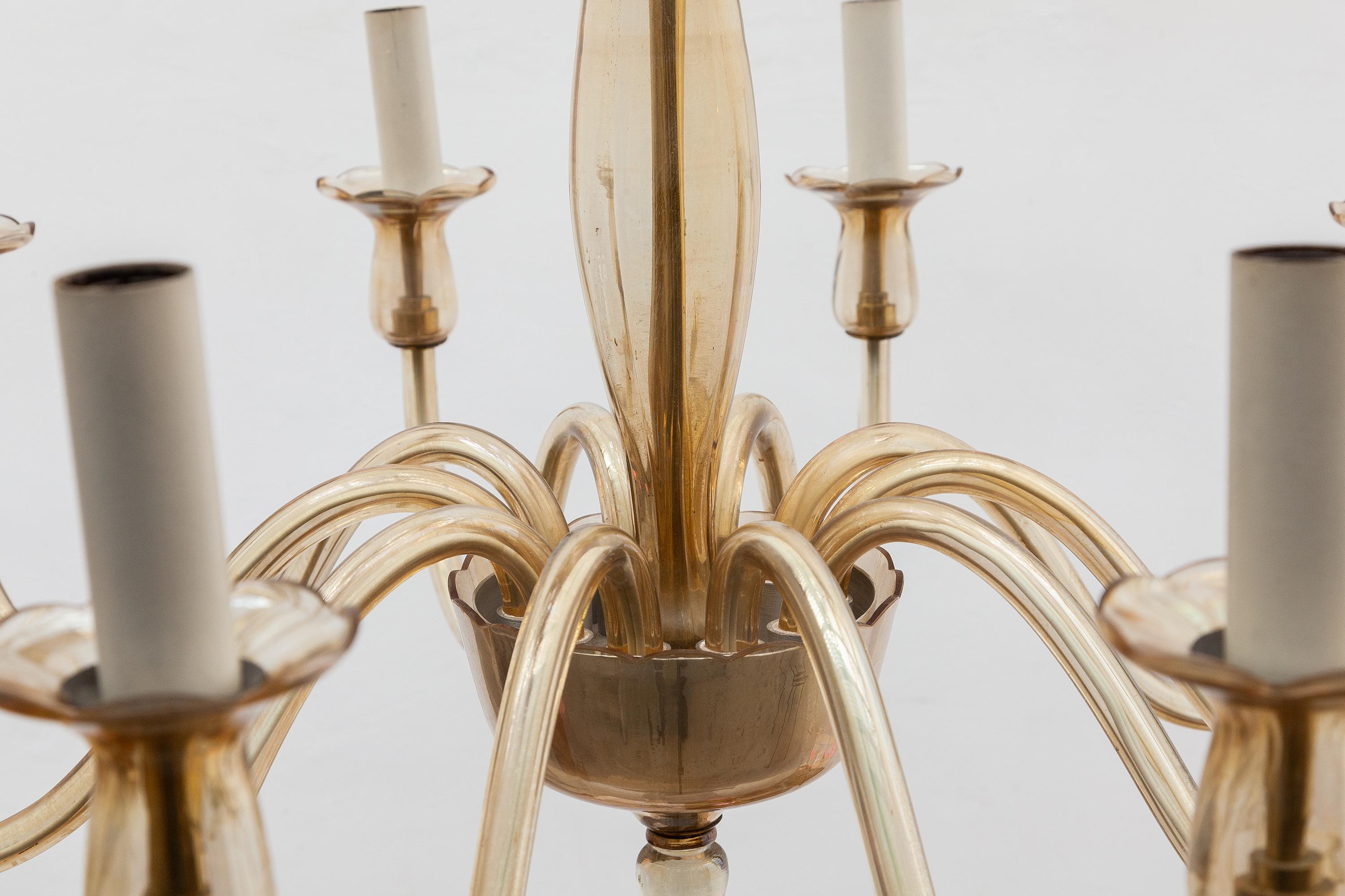 Mid-20th Century Ten Arms Murano Amber-Colored Glass Chandelier, 1950s, Italy