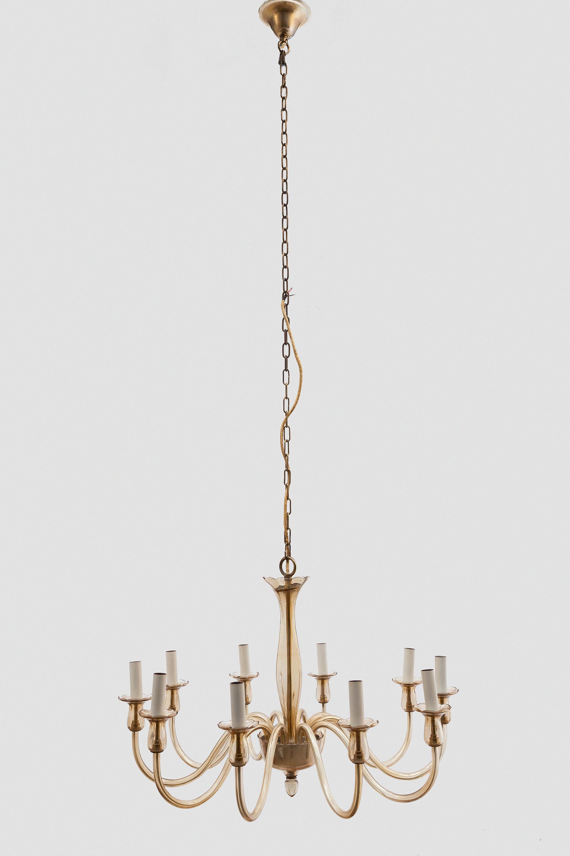 Blown Glass Ten Arms Murano Amber-Colored Glass Chandelier, 1950s, Italy