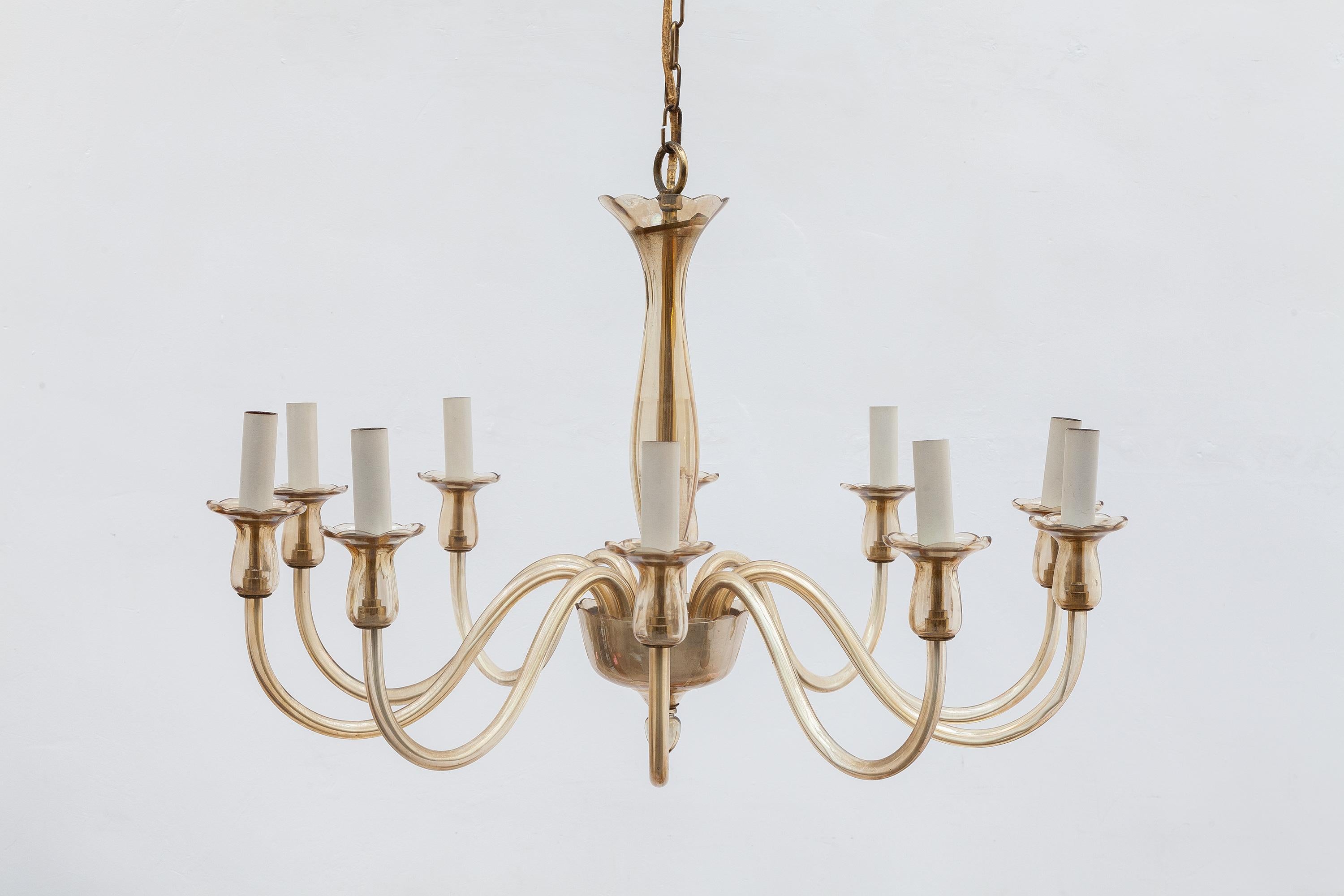 Ten Arms Murano Amber-Colored Glass Chandelier, 1950s, Italy 1