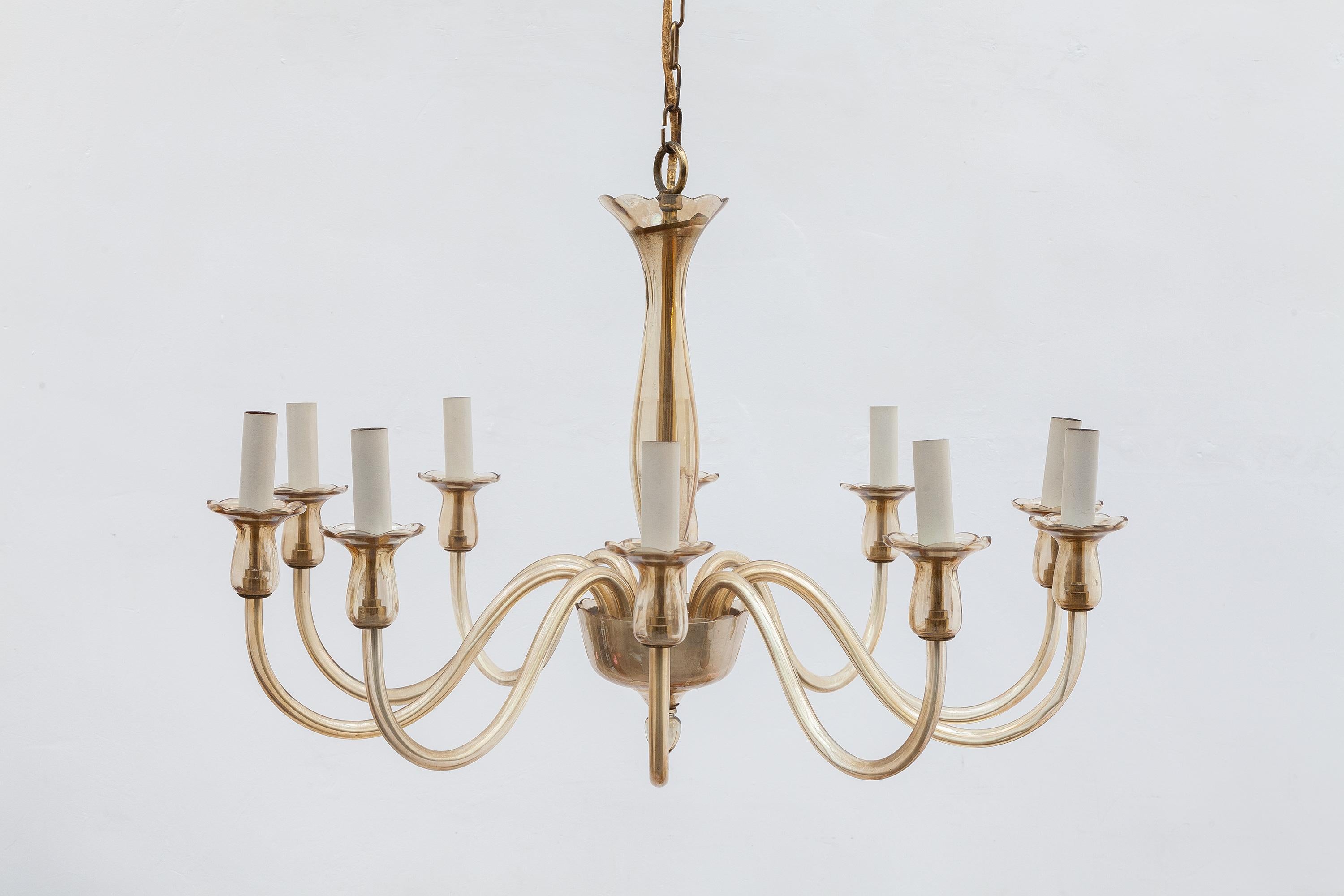 Ten Arms Murano Amber-Colored Glass Chandelier, 1950s, Italy 1