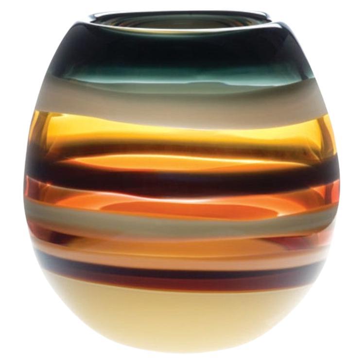 Vase baril ambre à dix bandes, verre soufflé à la bouche - Hand Made en vente
