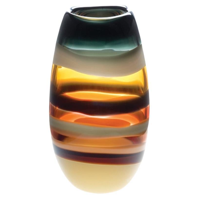 Vase cylindrique en verre ambré à dix bandes, soufflé à la bouche - Hand Made