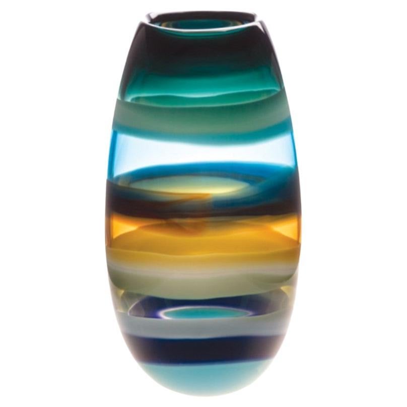 Vase cylindrique aqua à dix bandes, verre soufflé à la bouche - Hand Made en vente