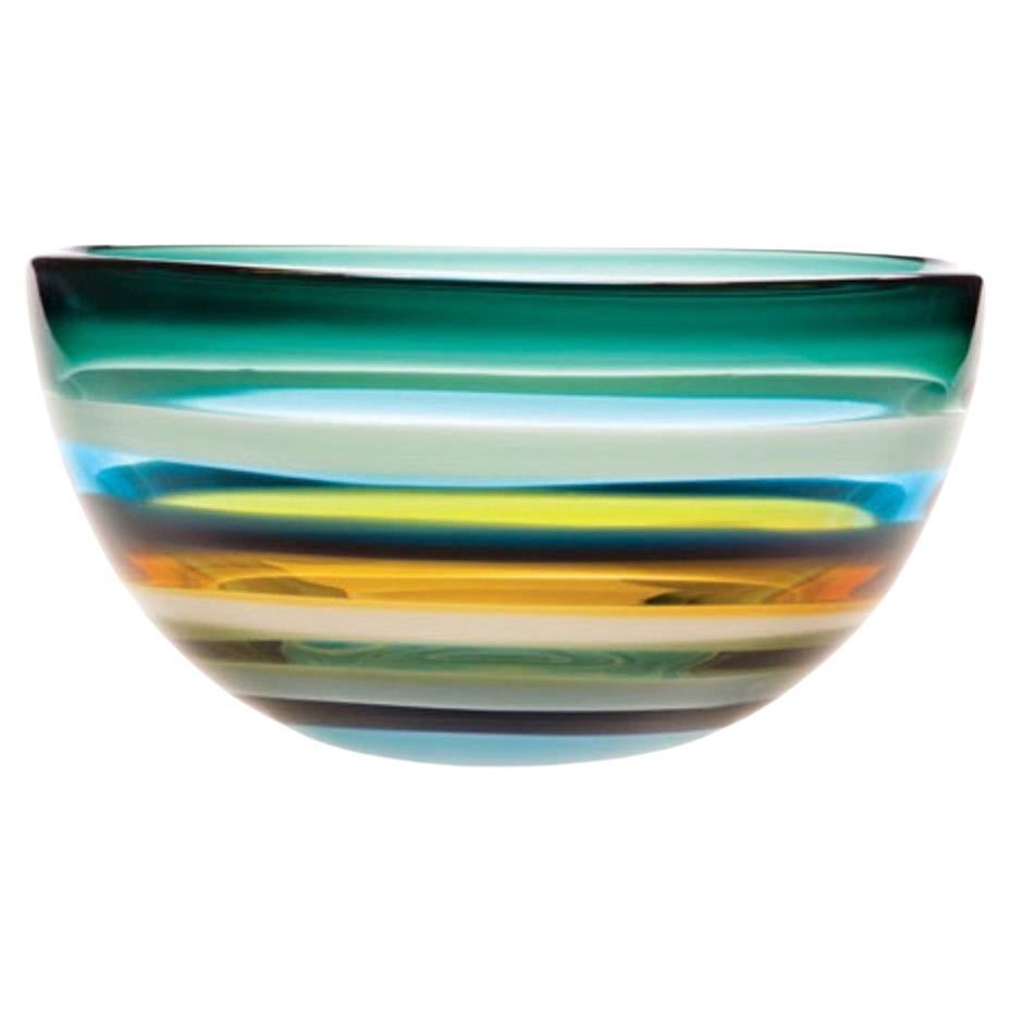 Ten Banded Aqua Low Bowl, Hand Blown Glass - Made to Order For Sale