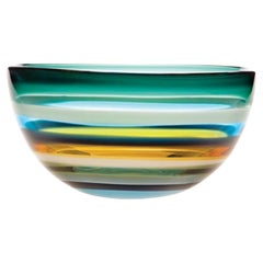 Ten Banded Aqua Low Bowl, Hand Blown Glass - Made to Order