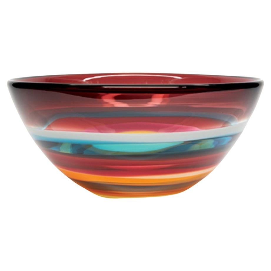 Ten Banded Cranberry Low Bowl, Hand Blown Glass - Made to Order For Sale