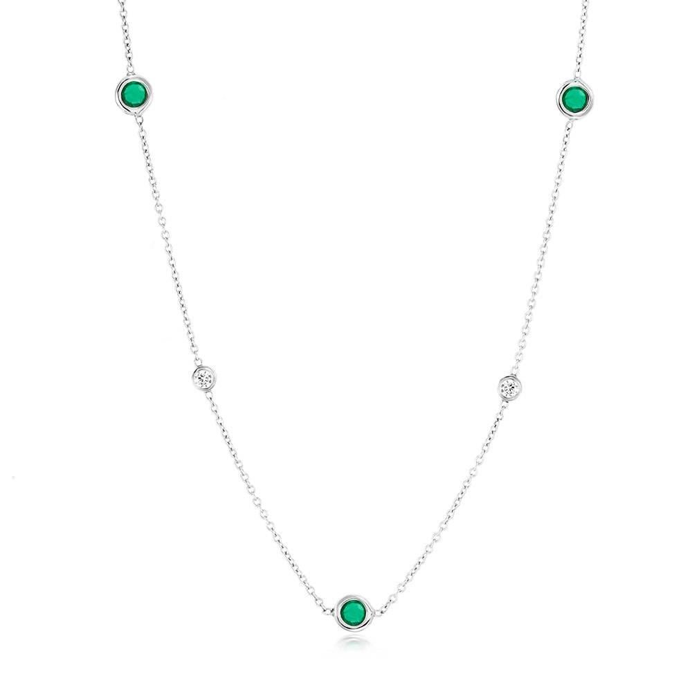 Contemporary Ten Bezel-Set Emeralds and Diamonds 16 Inch Necklace Weighing 1.05 Carat