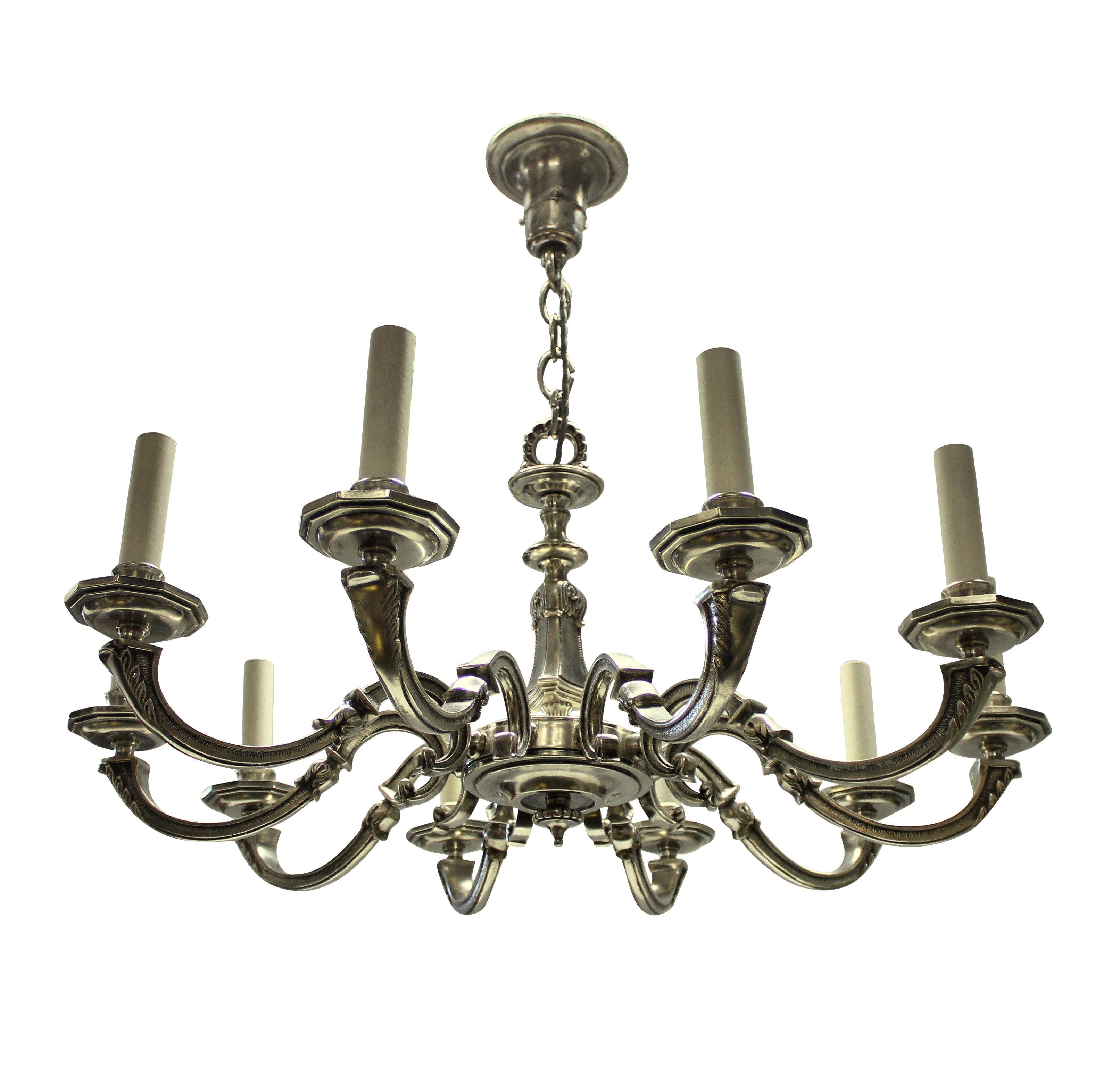 Silvered Ten Branch Silver Plated Neo Classical Chandelier For Sale