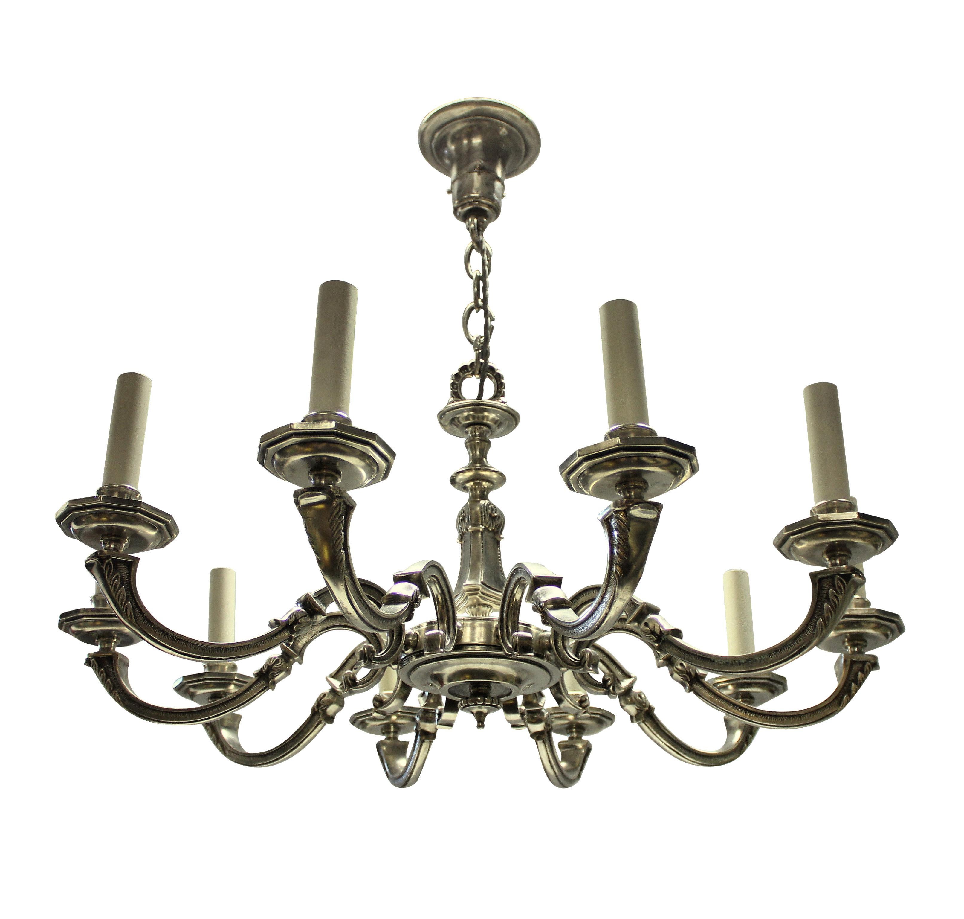Silvered Ten Branch Silver Plated Neo Classical Chandelier