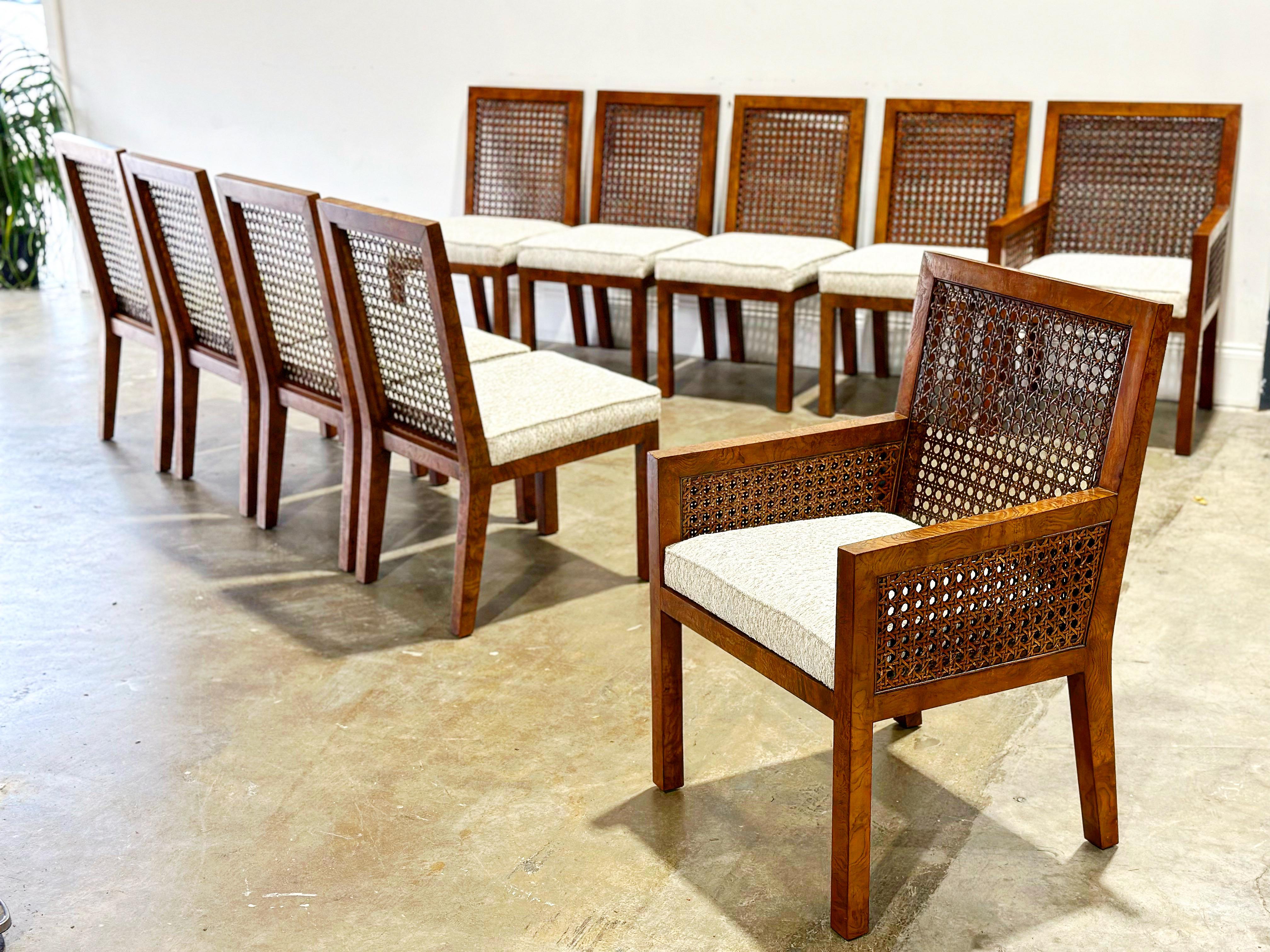 Exquisite set of TEN (10) burled ash and cane Parsons style dining chairs by John Widdicomb, circa 1950s. This set is unique on the market. It includes eight (8) side chairs and two (2) arm or captains chairs
Thoughtful and precise design coupled