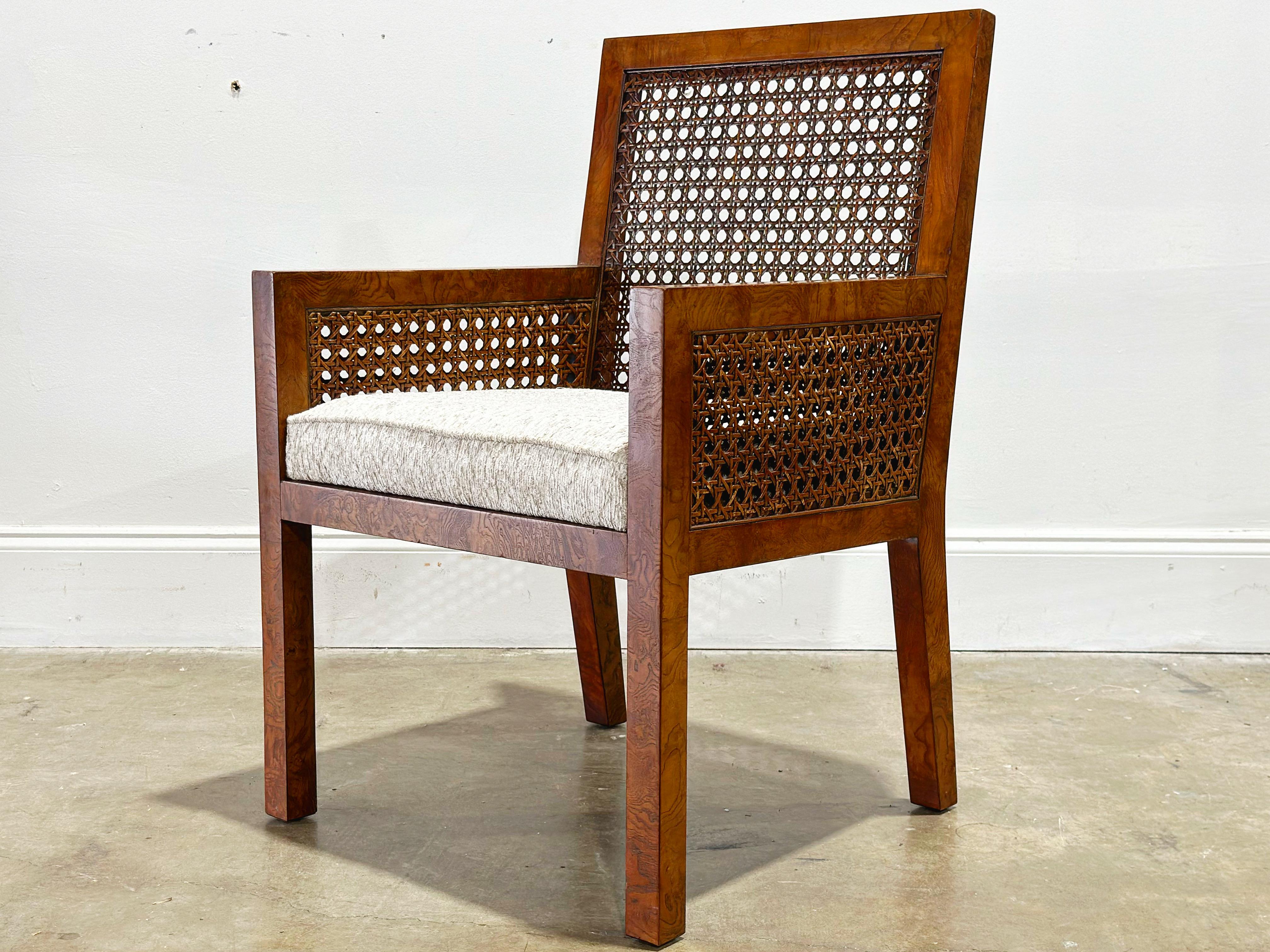 American Ten Burl + Cane Parsons Dining Chairs, Rare Widdicomb Set of 10 Organic Modern 