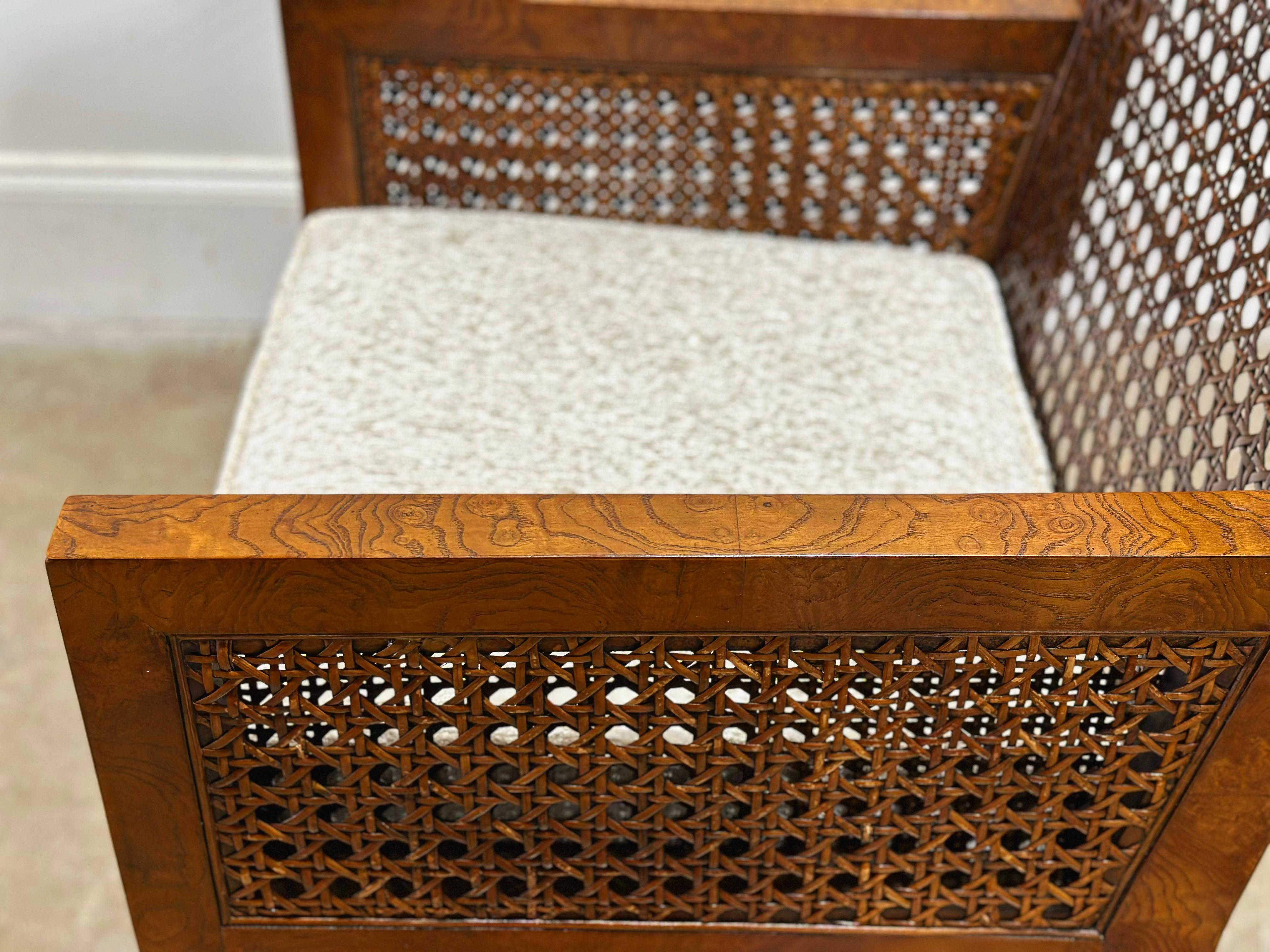 Chenille Ten Burl + Cane Parsons Dining Chairs, Rare Widdicomb Set of 10 Organic Modern 