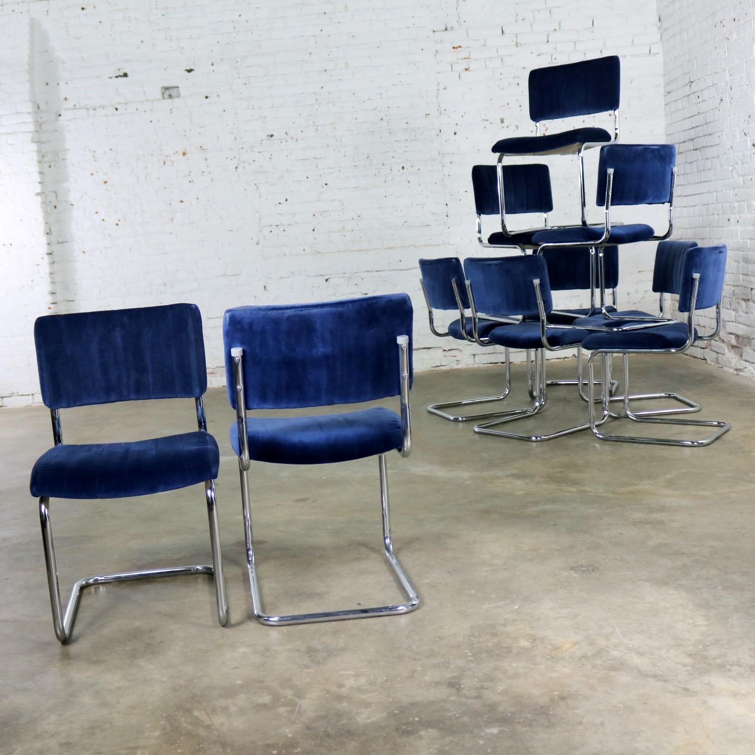 Mid-Century Modern Ten Cantilevered Chrome and Blue Velvet Dining Chairs after Marcel Breuer Cesca
