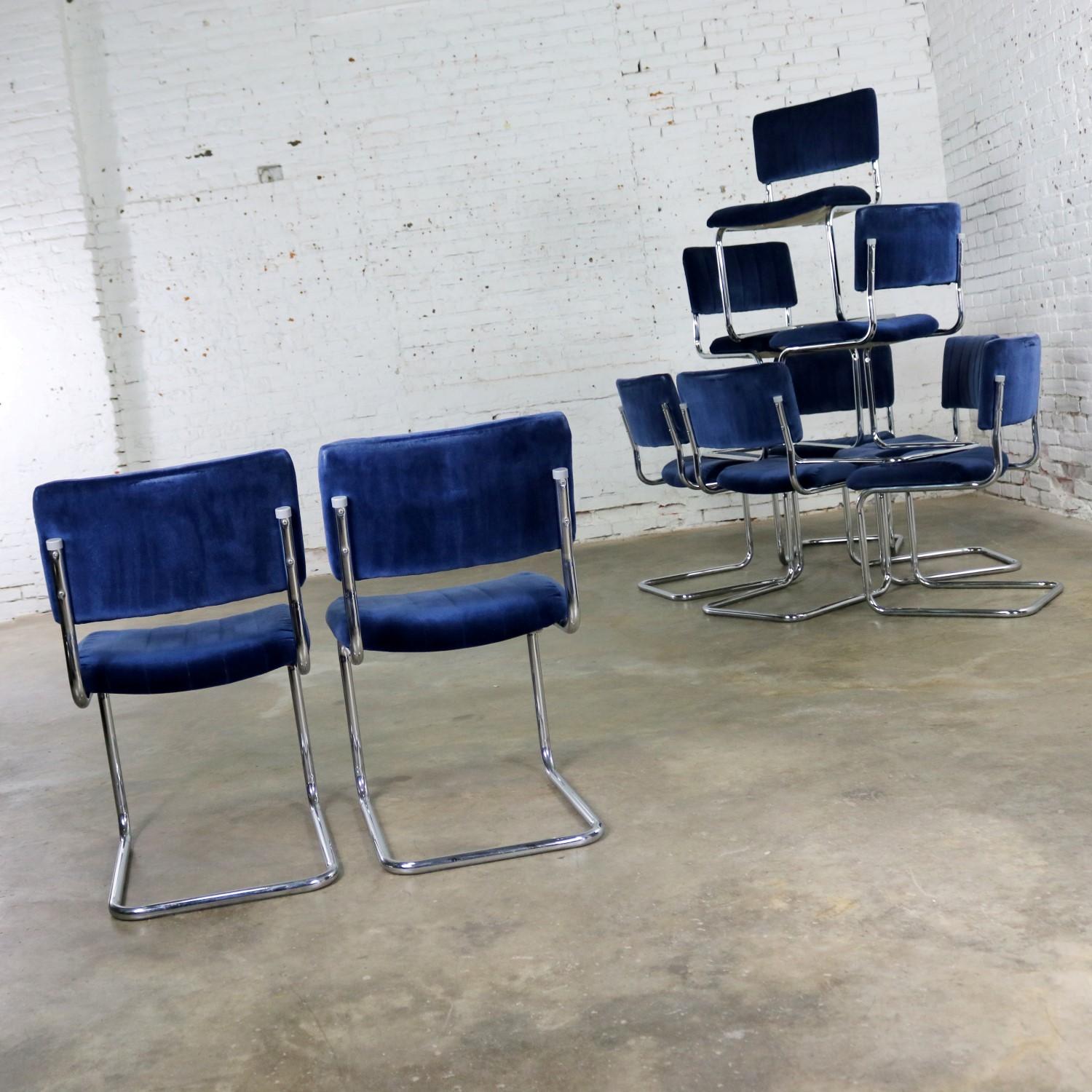 Ten Cantilevered Chrome and Blue Velvet Dining Chairs after Marcel Breuer Cesca In Good Condition In Topeka, KS