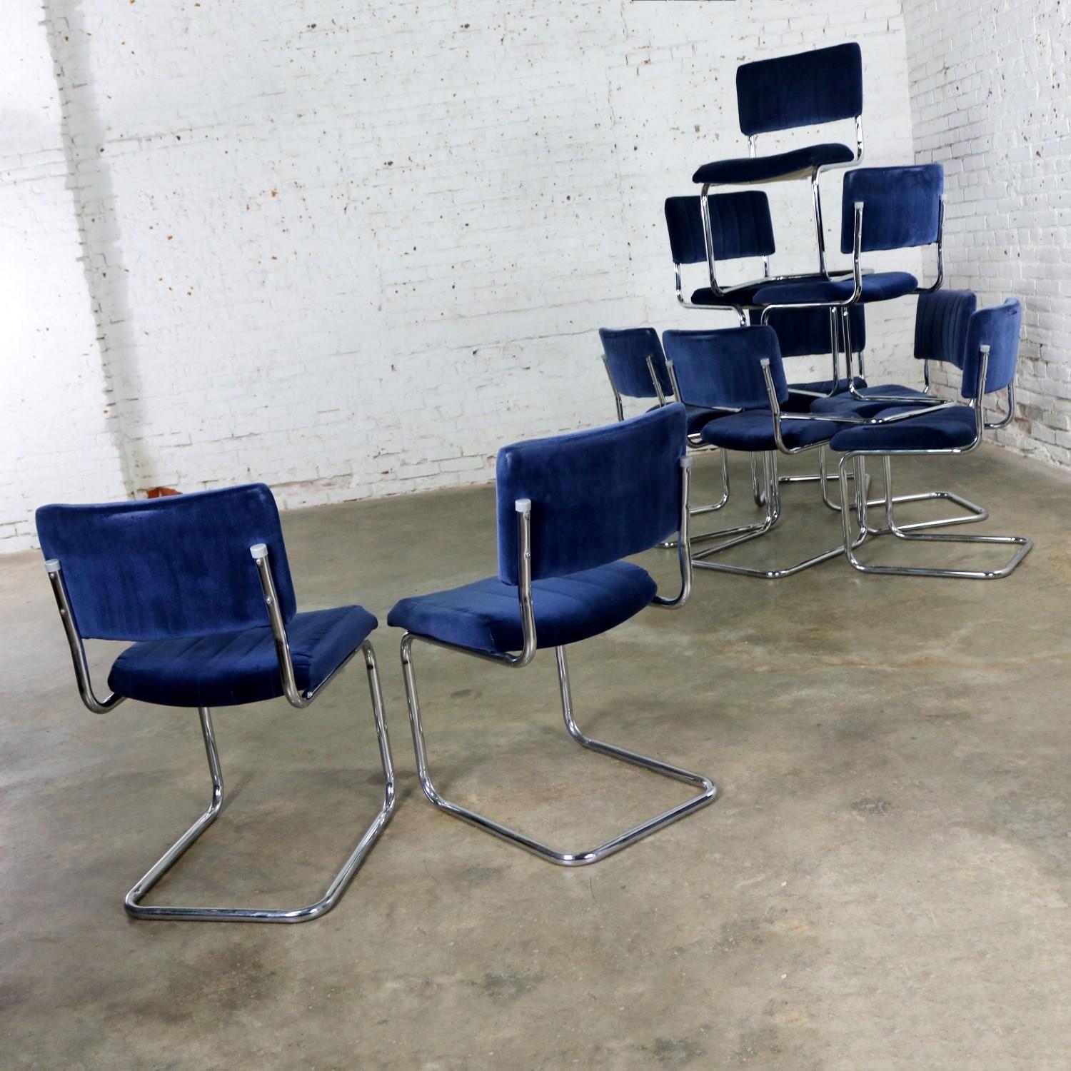 20th Century Ten Cantilevered Chrome and Blue Velvet Dining Chairs after Marcel Breuer Cesca