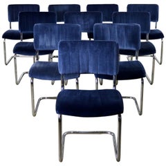 Ten Cantilevered Chrome and Blue Velvet Dining Chairs after Marcel Breuer Cesca