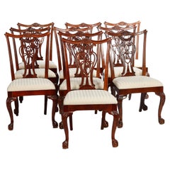 Ten Carved Mahogany Chippendale Style Ribbon Back Dining Room Chair Set 20th C