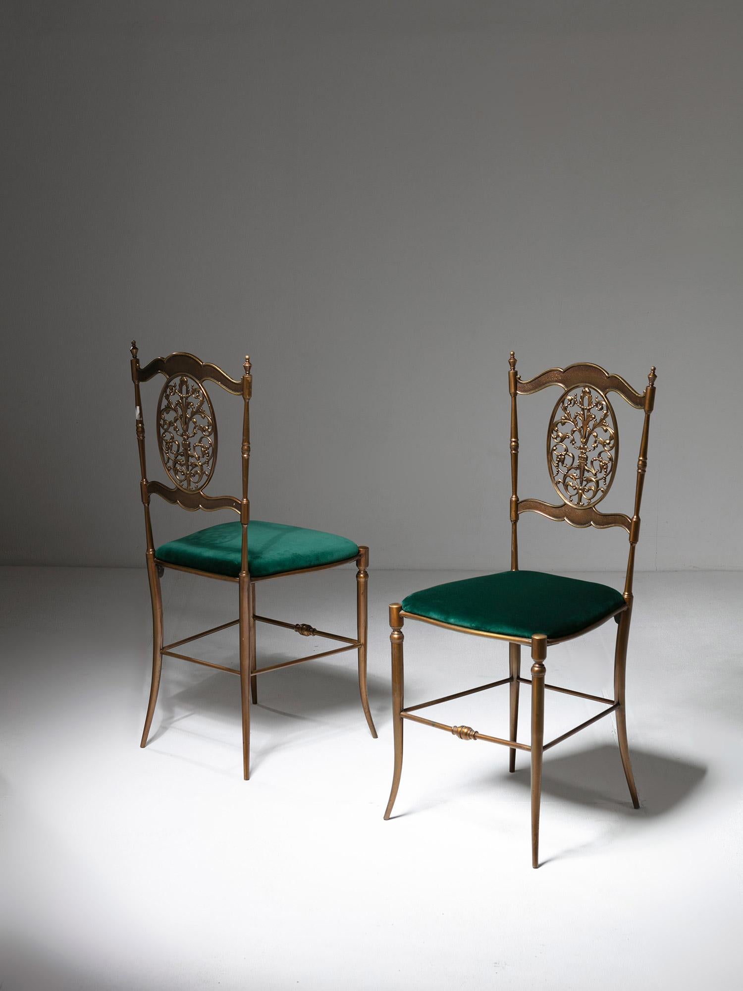Italian Ten Chiavari Brass Chairs, Velvet Seats, Baroque Backrests, Italy, 1950s For Sale