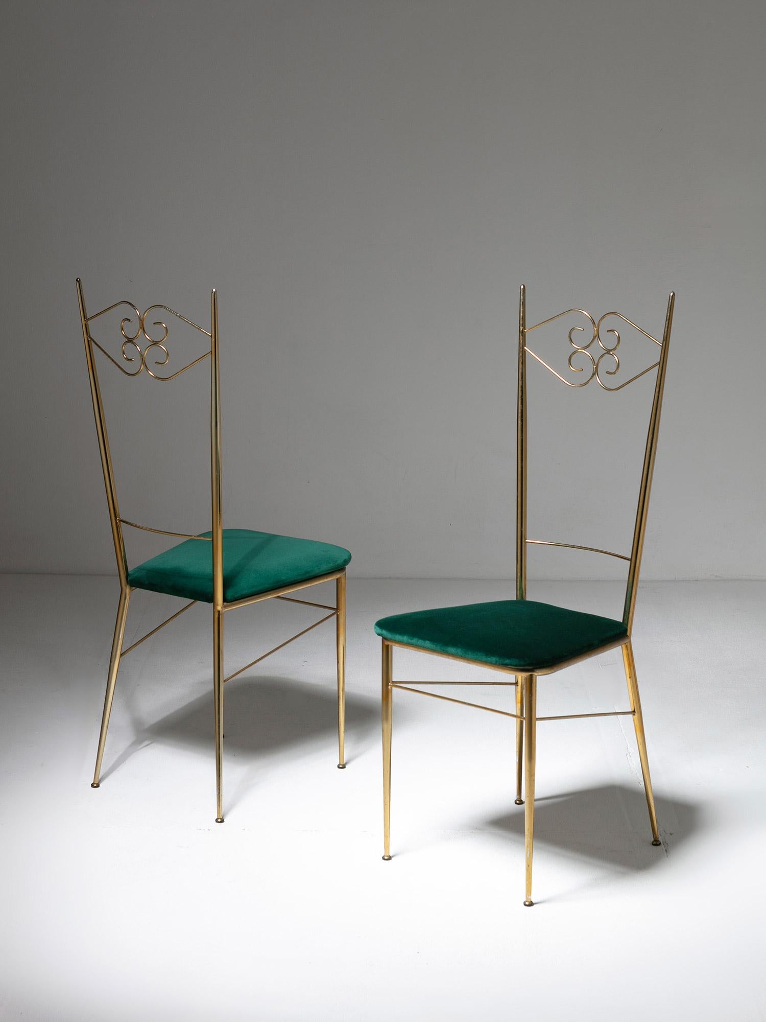 Mid-20th Century Ten Chiavari Brass Chairs, Velvet Seats, Baroque Backrests, Italy, 1950s For Sale
