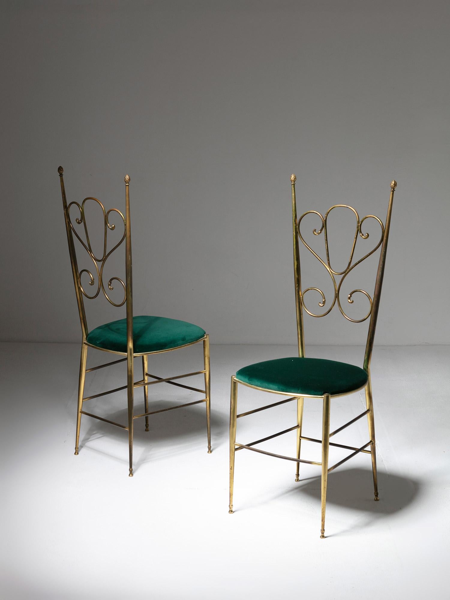 Ten Chiavari Brass Chairs, Velvet Seats, Baroque Backrests, Italy, 1950s For Sale 1