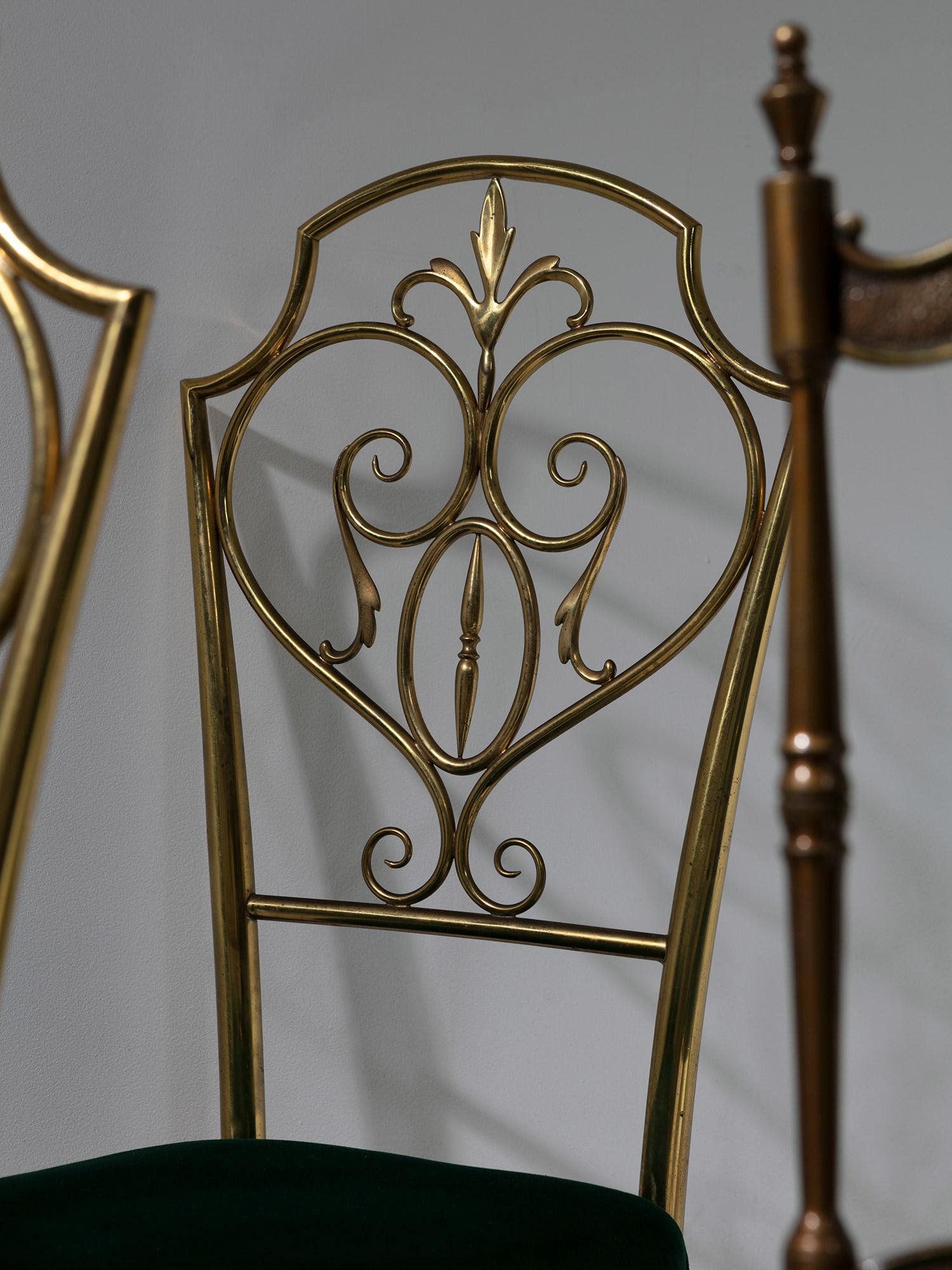 Ten Chiavari Brass Chairs, Velvet Seats, Baroque Backrests, Italy, 1950s For Sale 2