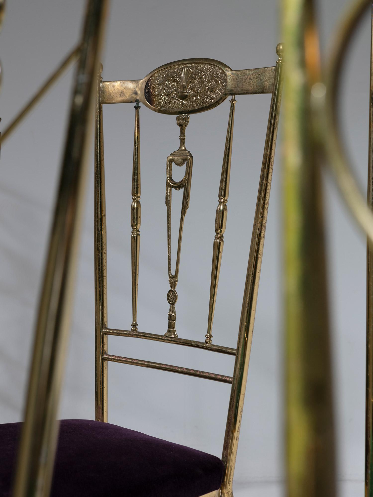 Ten Chiavari Brass Chairs, Velvet Seats, Baroque Backrests, Italy, 1950s For Sale 3