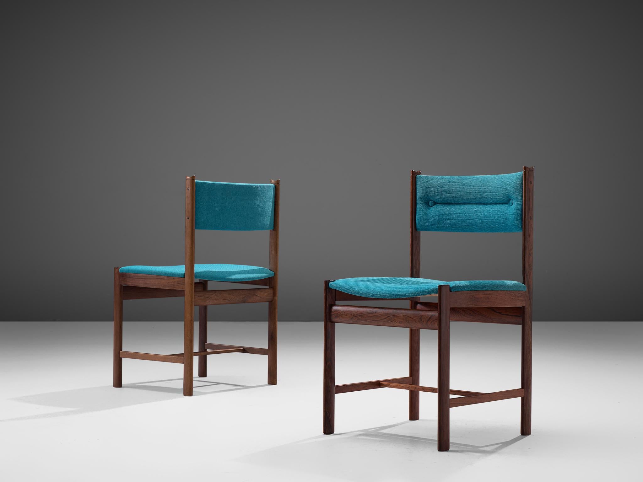 Mid-20th Century Ten Danish Dining Chairs in Rosewood and Blue Upholstery
