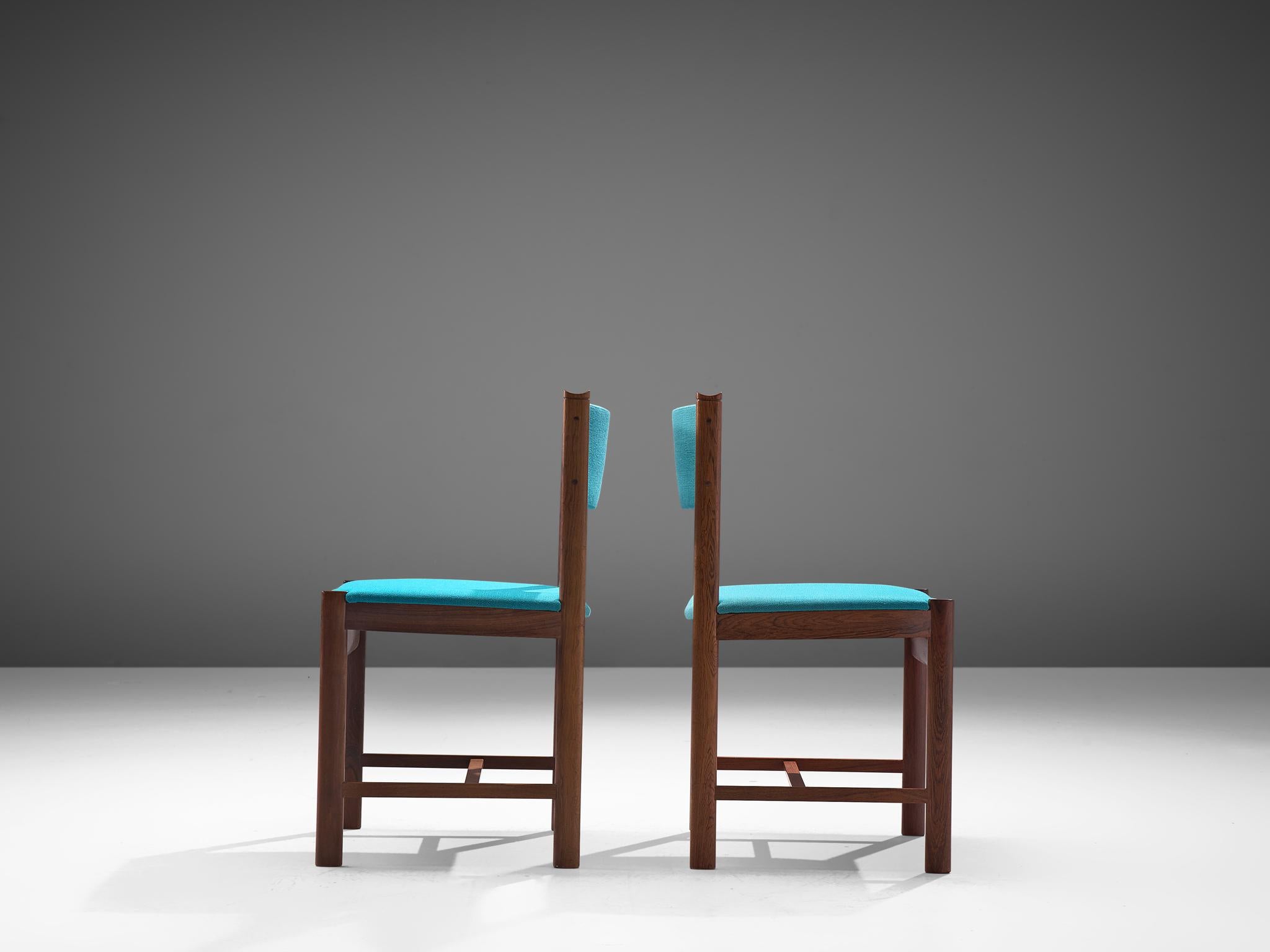 Fabric Ten Danish Dining Chairs in Rosewood and Blue Upholstery