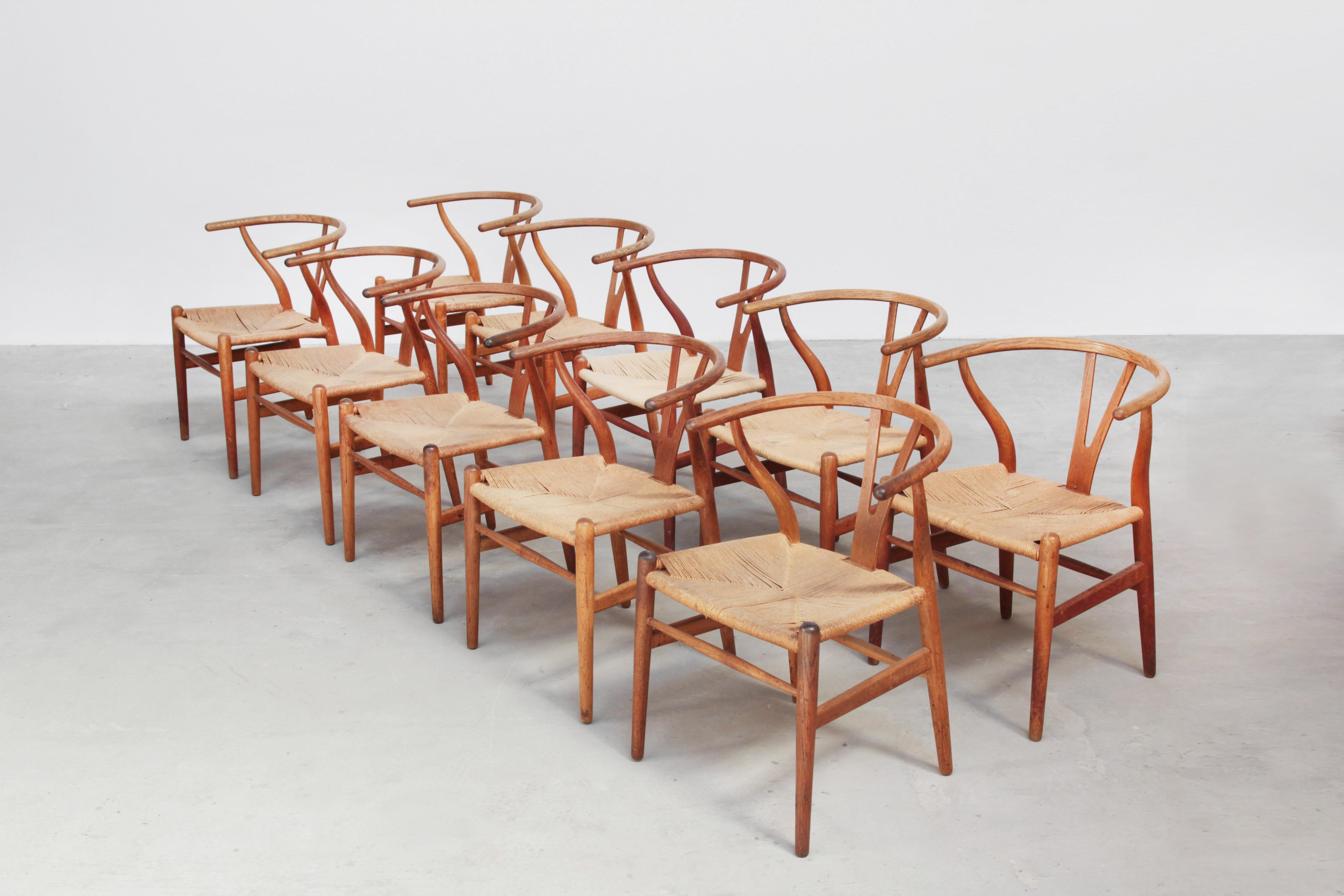 Ten Danish Vintage Wishbone Chairs CH 24 by Hans J. Wegner for Carl Hansen Oak 5