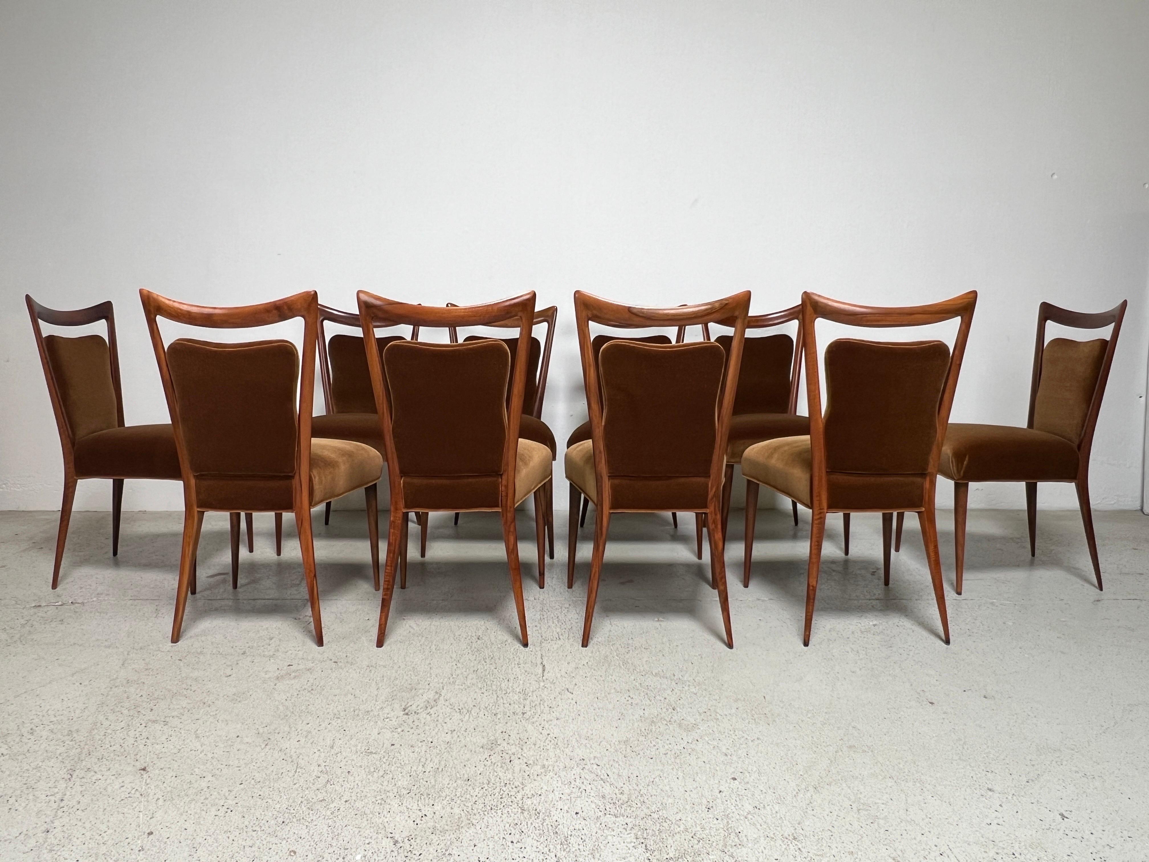 A set of ten beautifully restored Italian walnut and mohair chairs by Mario Gottardi & Melchiorre Bega. 