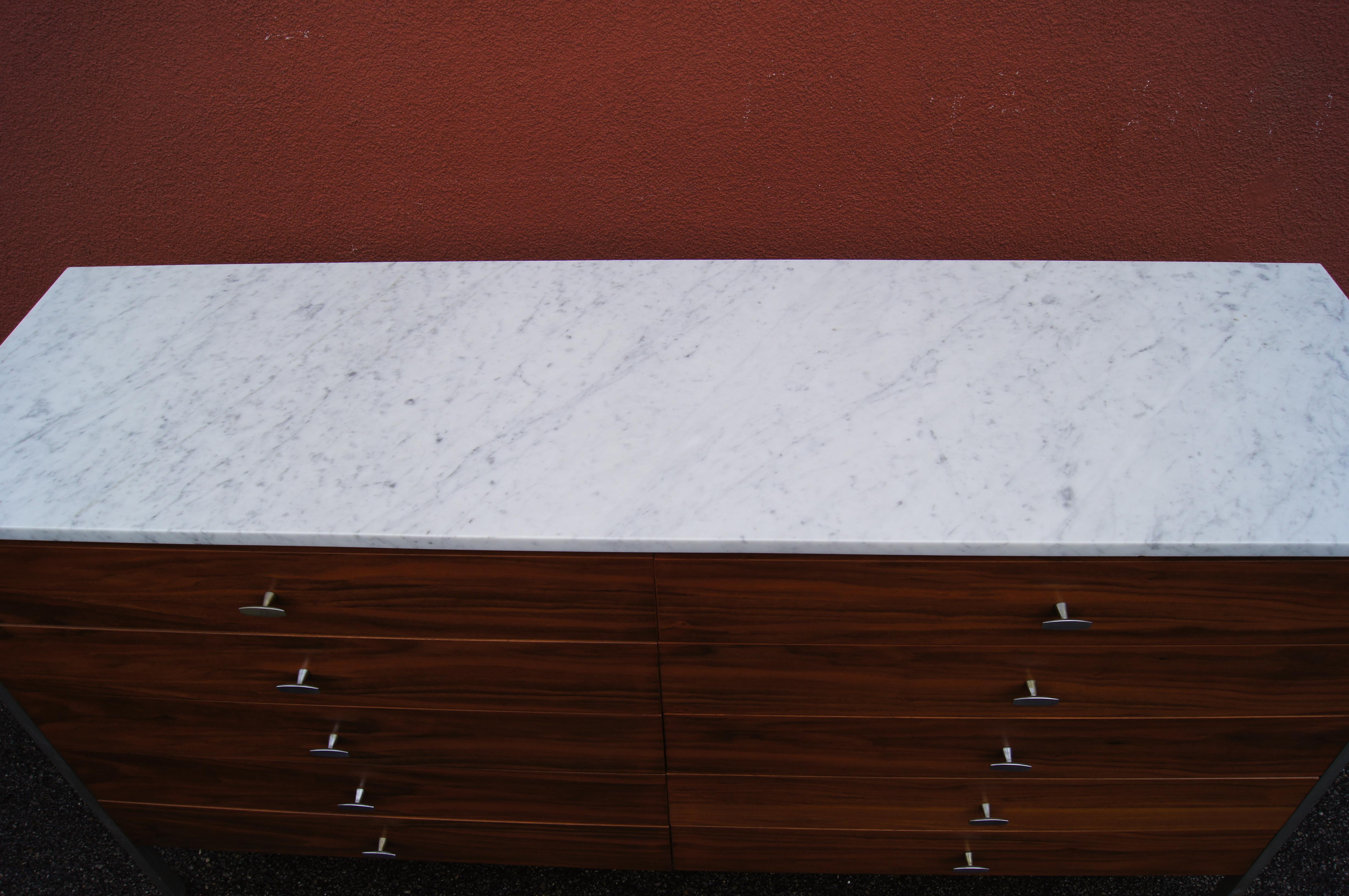 Polished Ten-Drawer Walnut Dresser with Marble Top by Paul McCobb