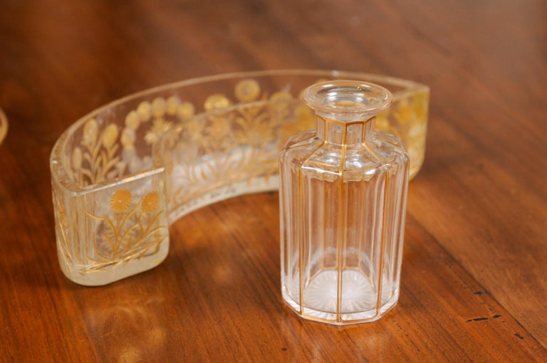Ten English Victorian 19th Century Glass Toiletry Accessories with Gold Trim For Sale 6