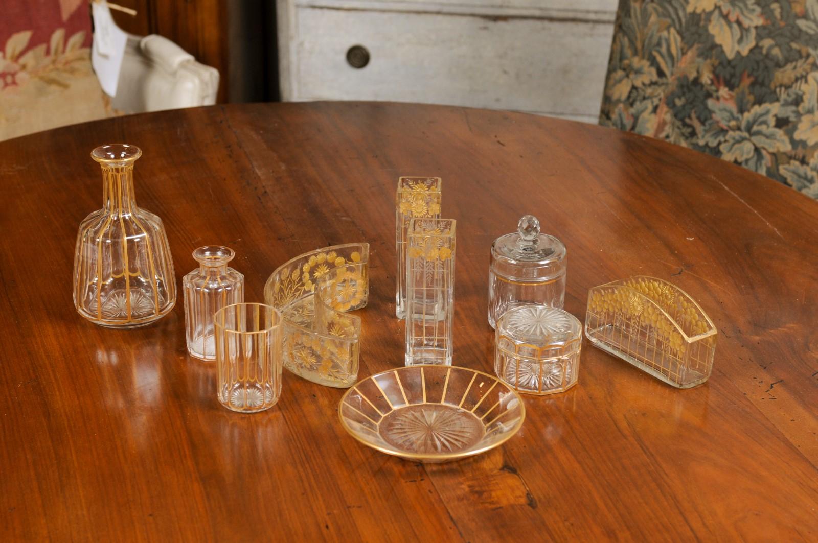 Ten English Victorian 19th Century Glass Toiletry Accessories with Gold Trim 8