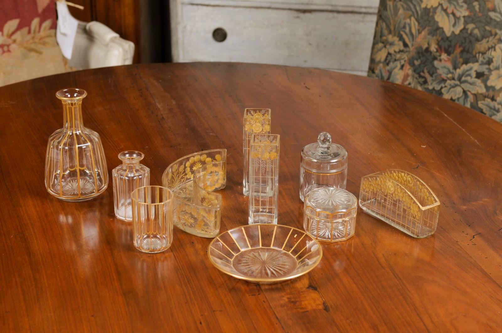 Ten English Victorian 19th Century Glass Toiletry Accessories with Gold Trim 8