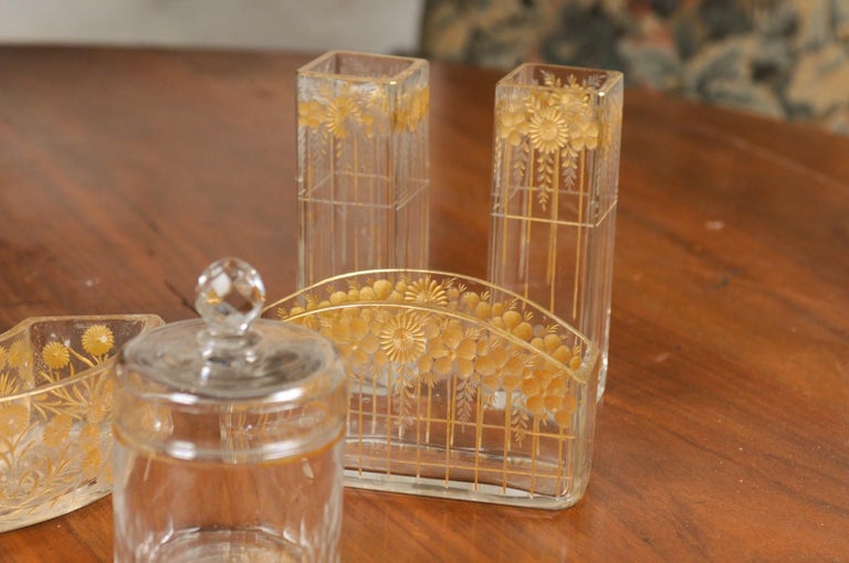 Ten English Victorian 19th Century Glass Toiletry Accessories with Gold Trim For Sale 12